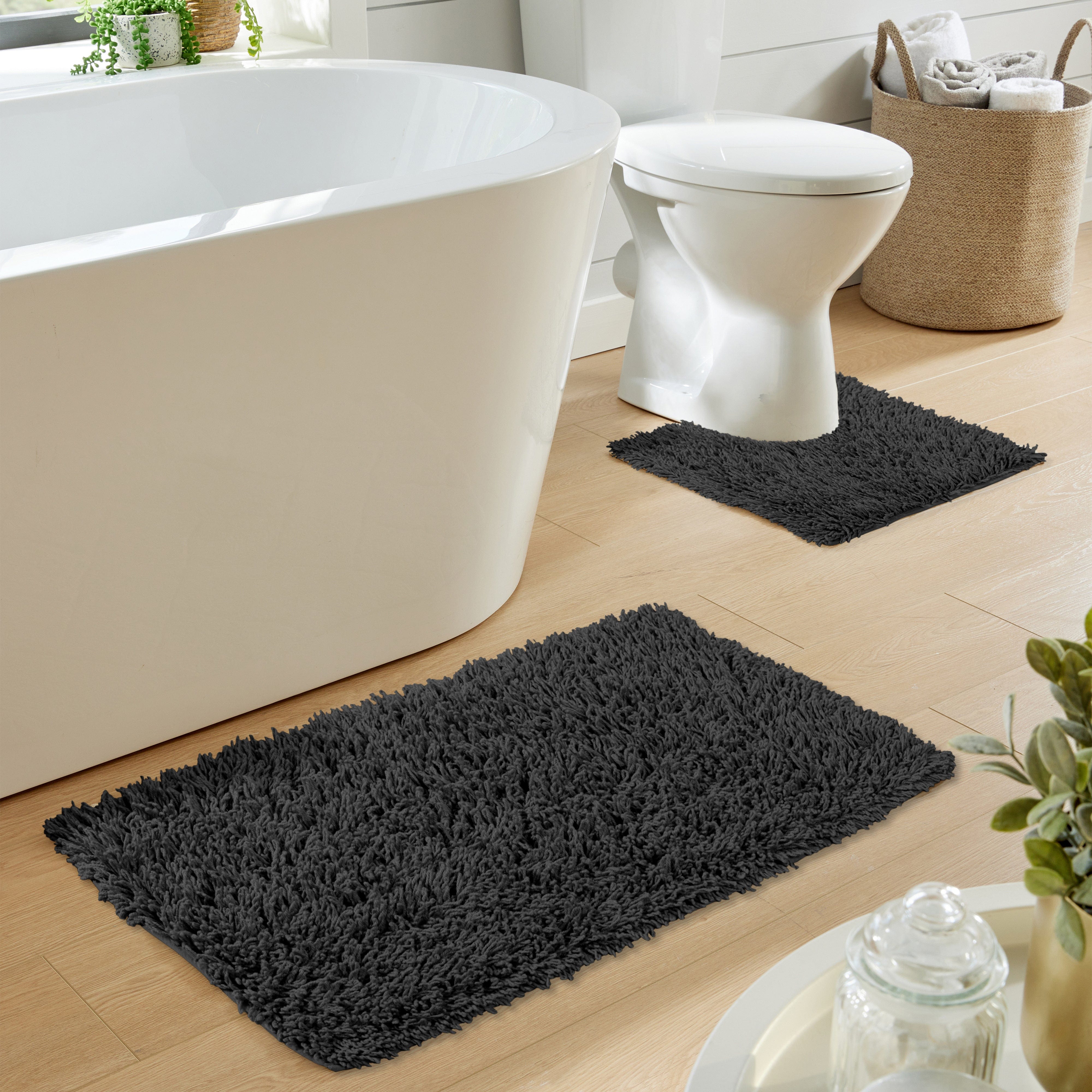 Como 2 Piece Black Bath Mat & Pedestal Set Non-Slip Super Absorbent Cotton Bathroom Mats by OLIVIA ROCCO