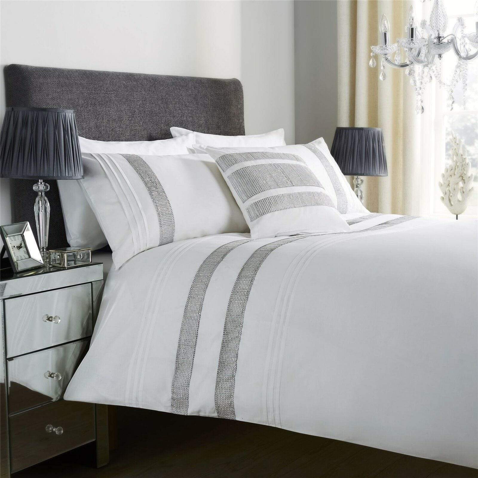 Diamante Glitz Luxurious Cotton Rich Duvet Set with Handwoven Sparkling Crystal Detailing for Elegant Bedroom Decor in All Sizes by OLIVIA ROCCO
