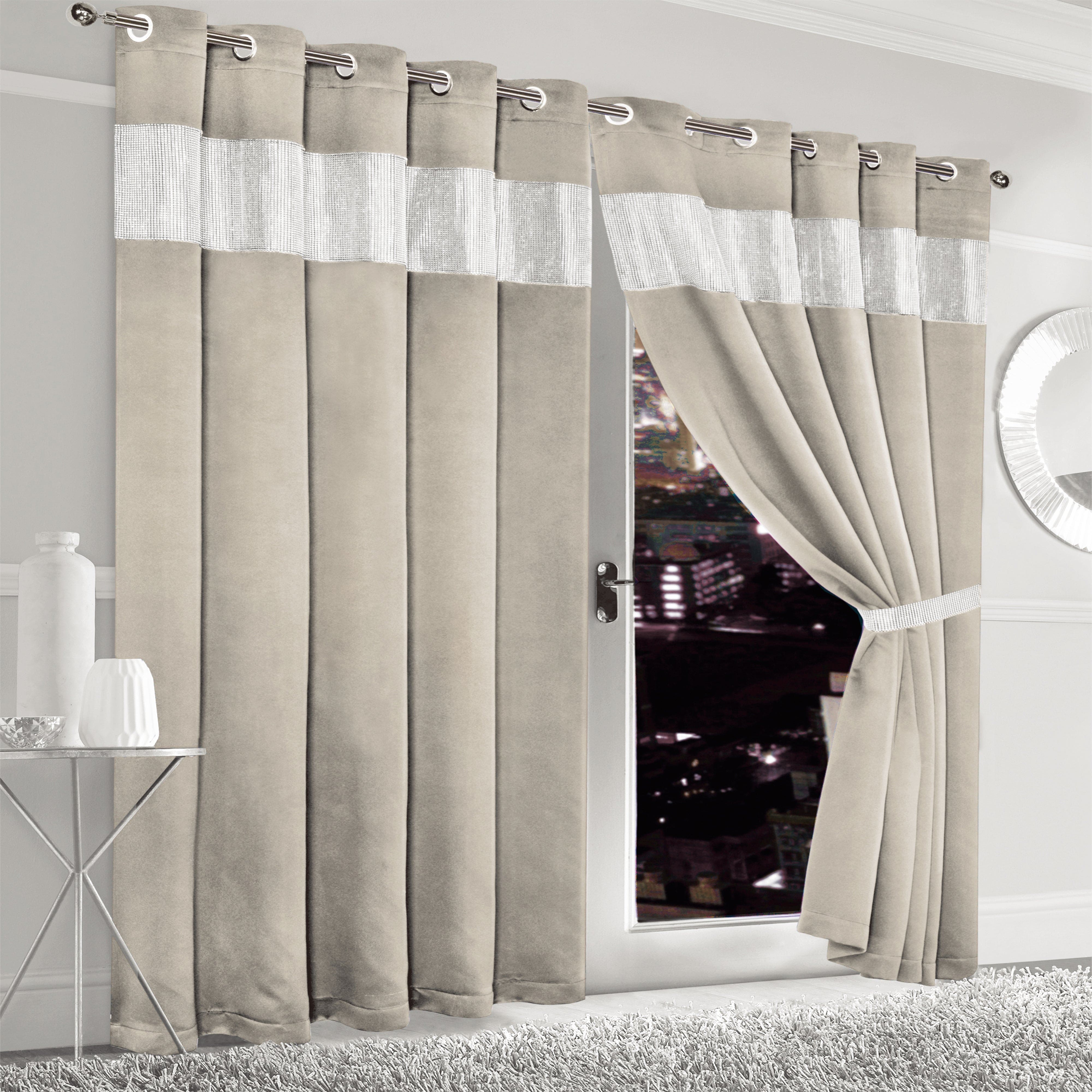 Diamante Natural Blackout Eyelet Curtains with Tie Backs Thermal Ring Top Window Dressings by OLIVIA ROCCO