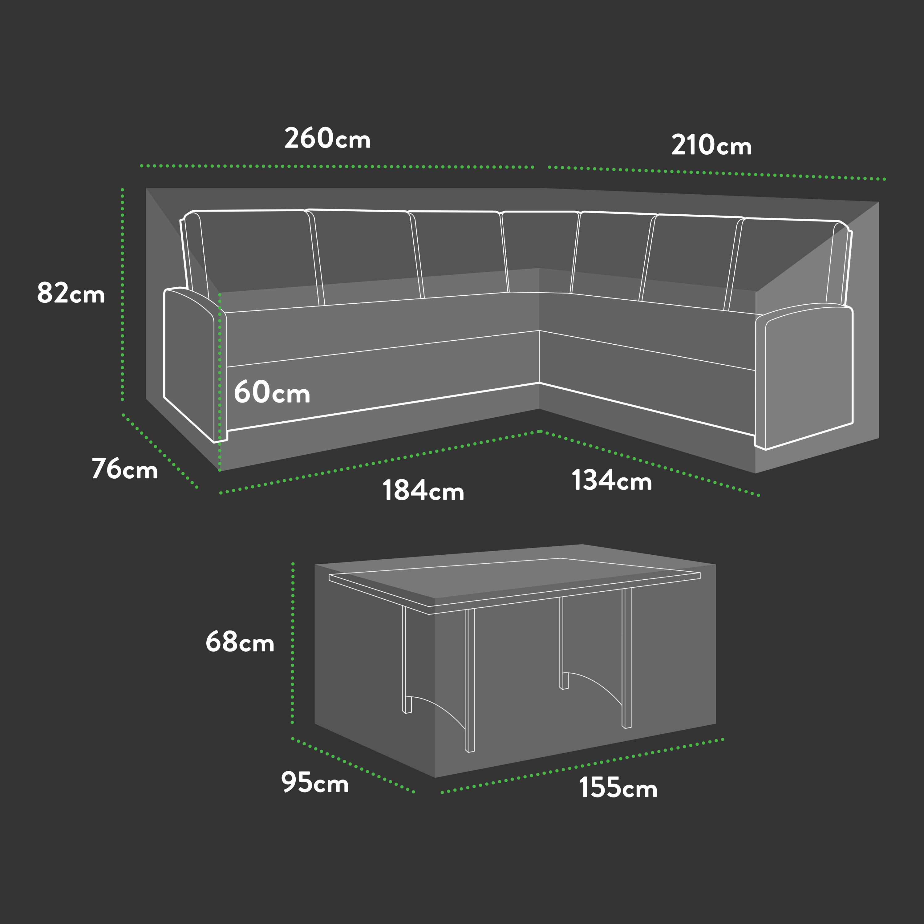 Premium Modular Medium L Shaped Dining Cover (left side long) - 260/184 X 210/134 X 76 (D) X 60/82 (H)
Table: 155 X 95 X 68 H