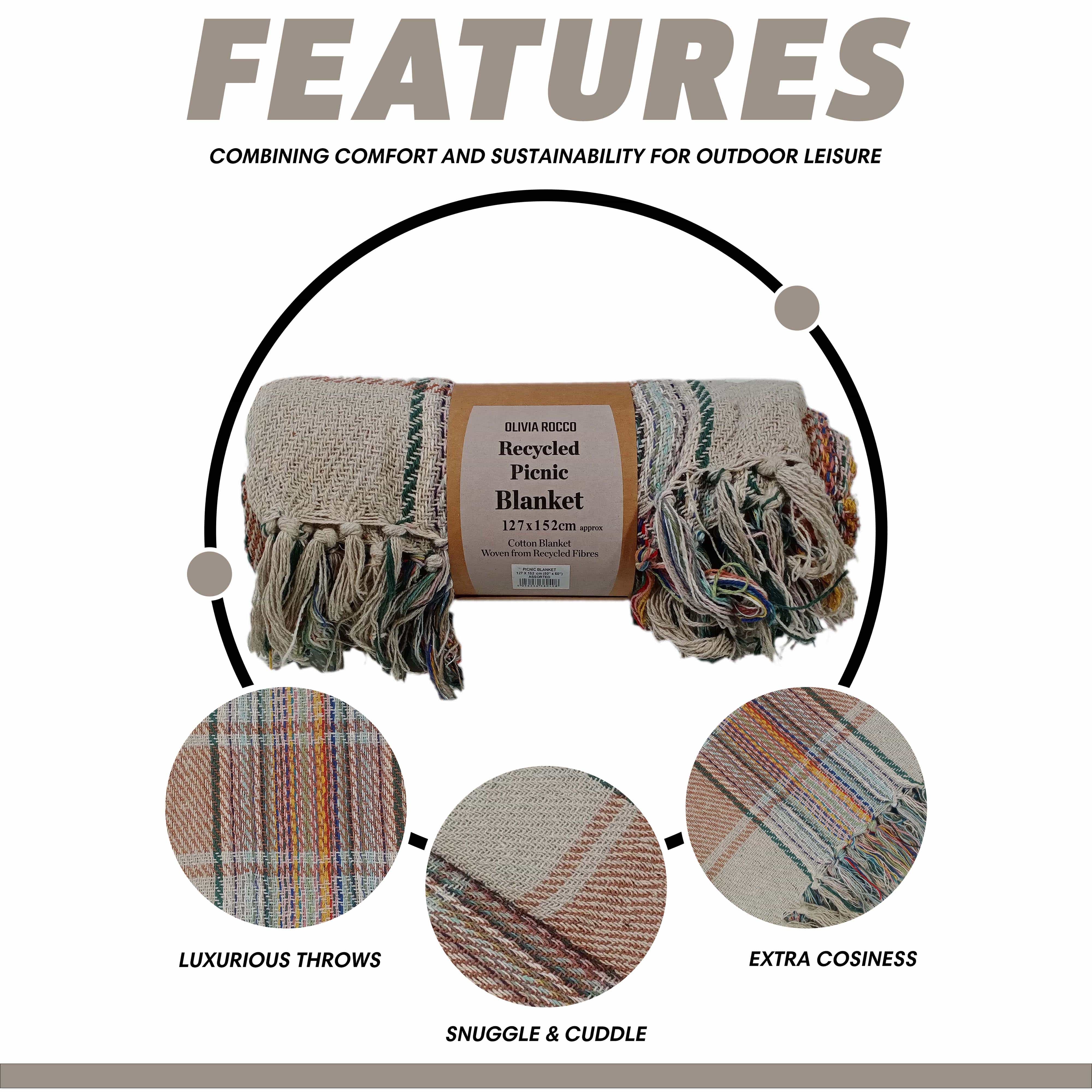 Eco-Friendly Recycled Cotton Picnic Blanket Check Stripe Design Super Soft Cozy Foldable and Packable for Beach Park Camping 130 x 150 cm by OLIVIA ROCCO