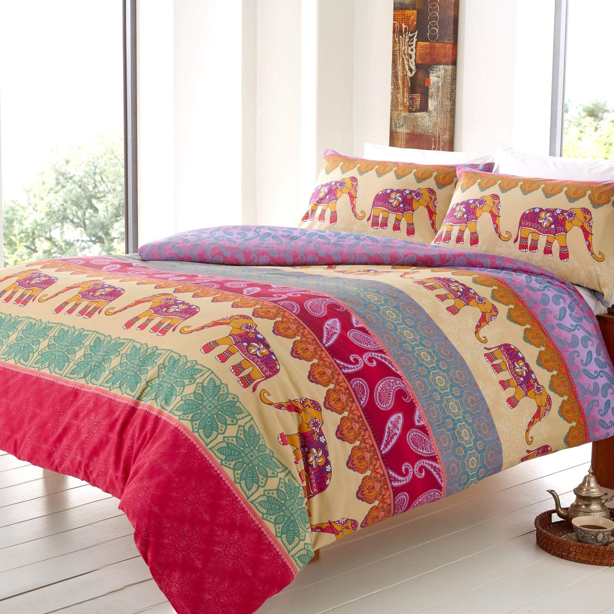 Elly Duvet Set Luxury Cotton Rich Indian Elephant Design Bedding in Bold Colours Available in Single Double King Super King by OLIVIA ROCCO