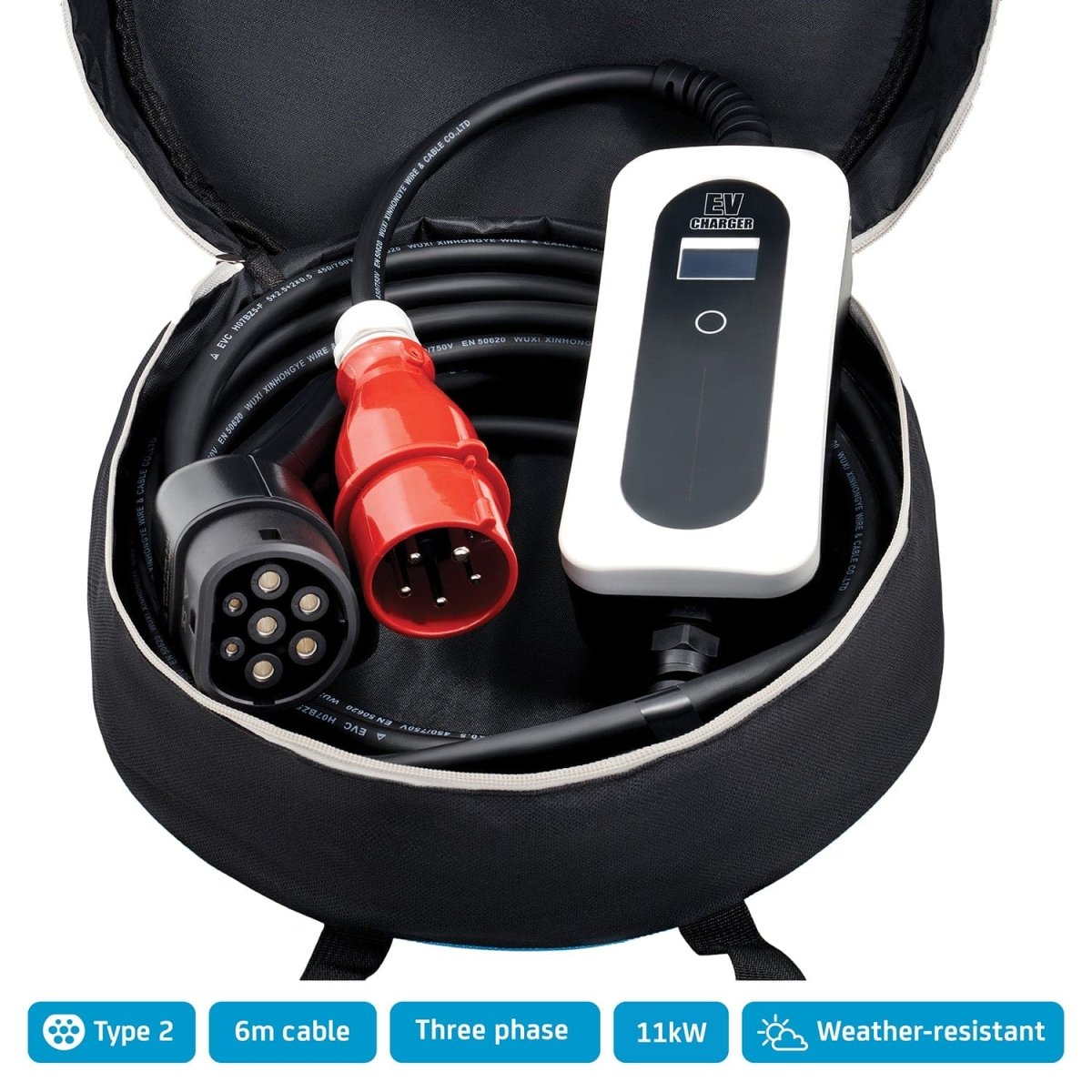 EV Charging Cable, - P1 Autocare© - 16A, 6m Long, Type 2 to Commando (Three Phase), Impact Resistant, IP Rated