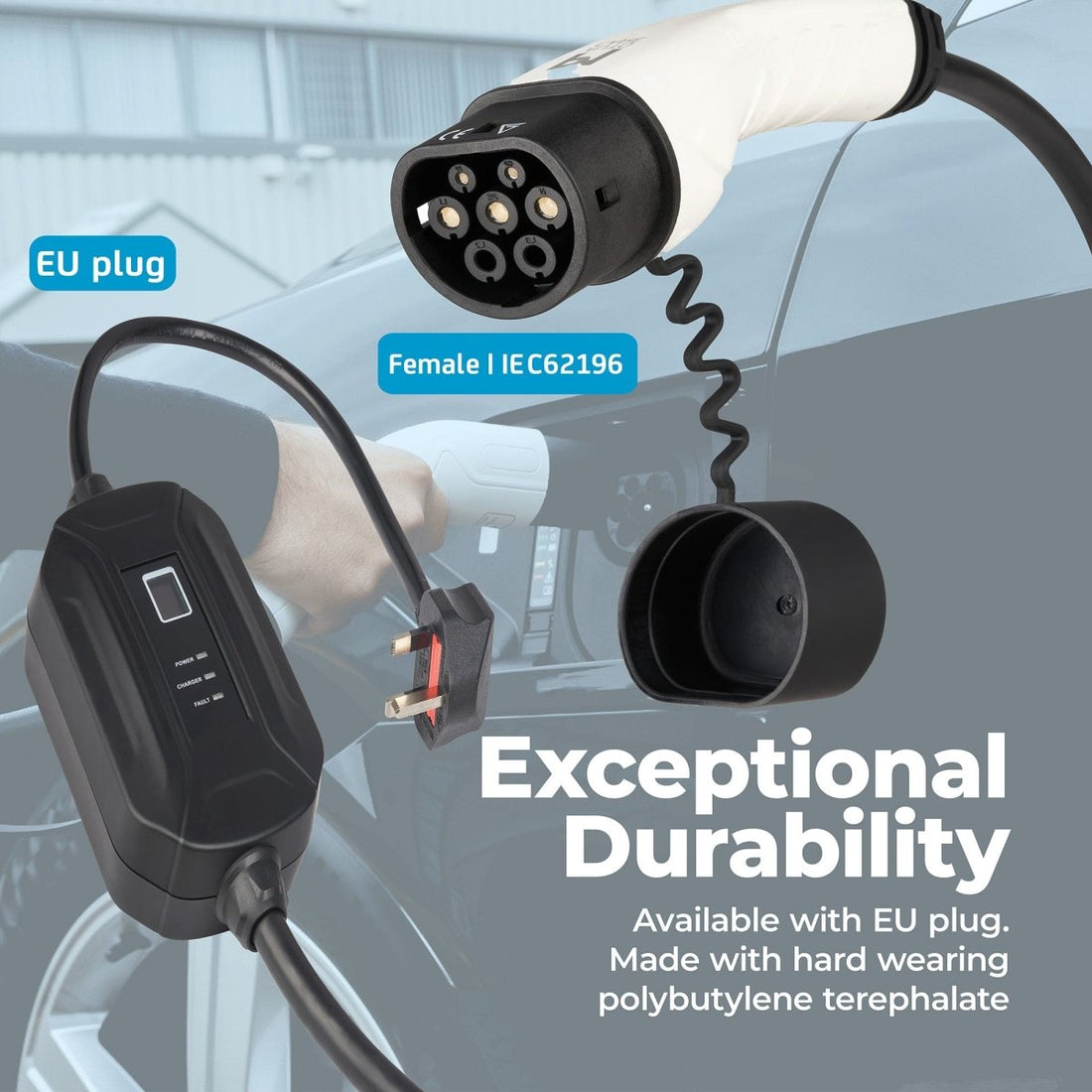 EV Charging Cable, - P1 Autocare© - 16A, 6m Long, Type 2 to UK 3-pin (Single Phase), Impact Resistant, IP Rated