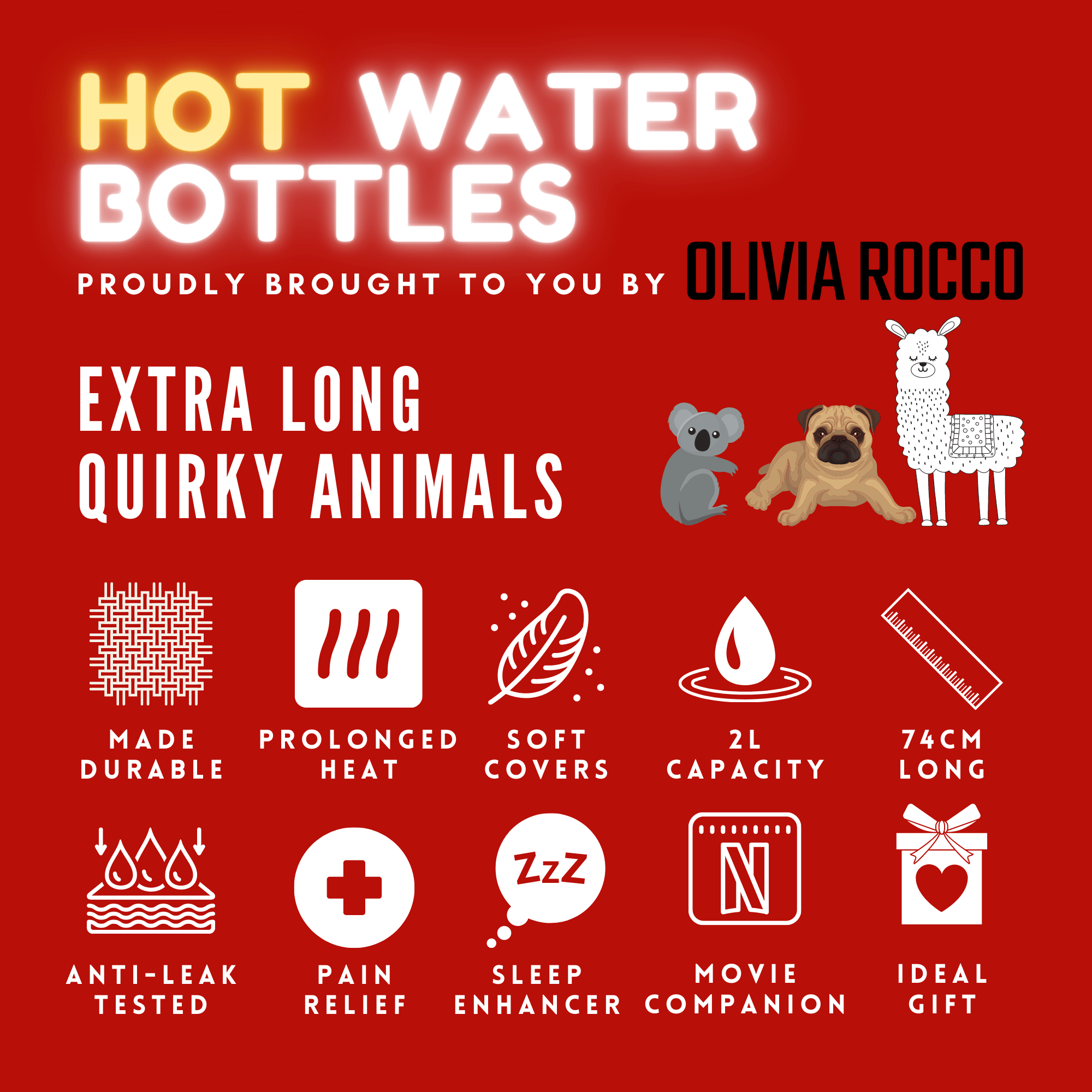 Extra Long 2L Hot Water Bottle with Plush Faux Fur Cover Durable Natural Rubber UK Safe Tested Cosy Nights Ideal Gift for Adults Kids by OLIVIA ROCCO