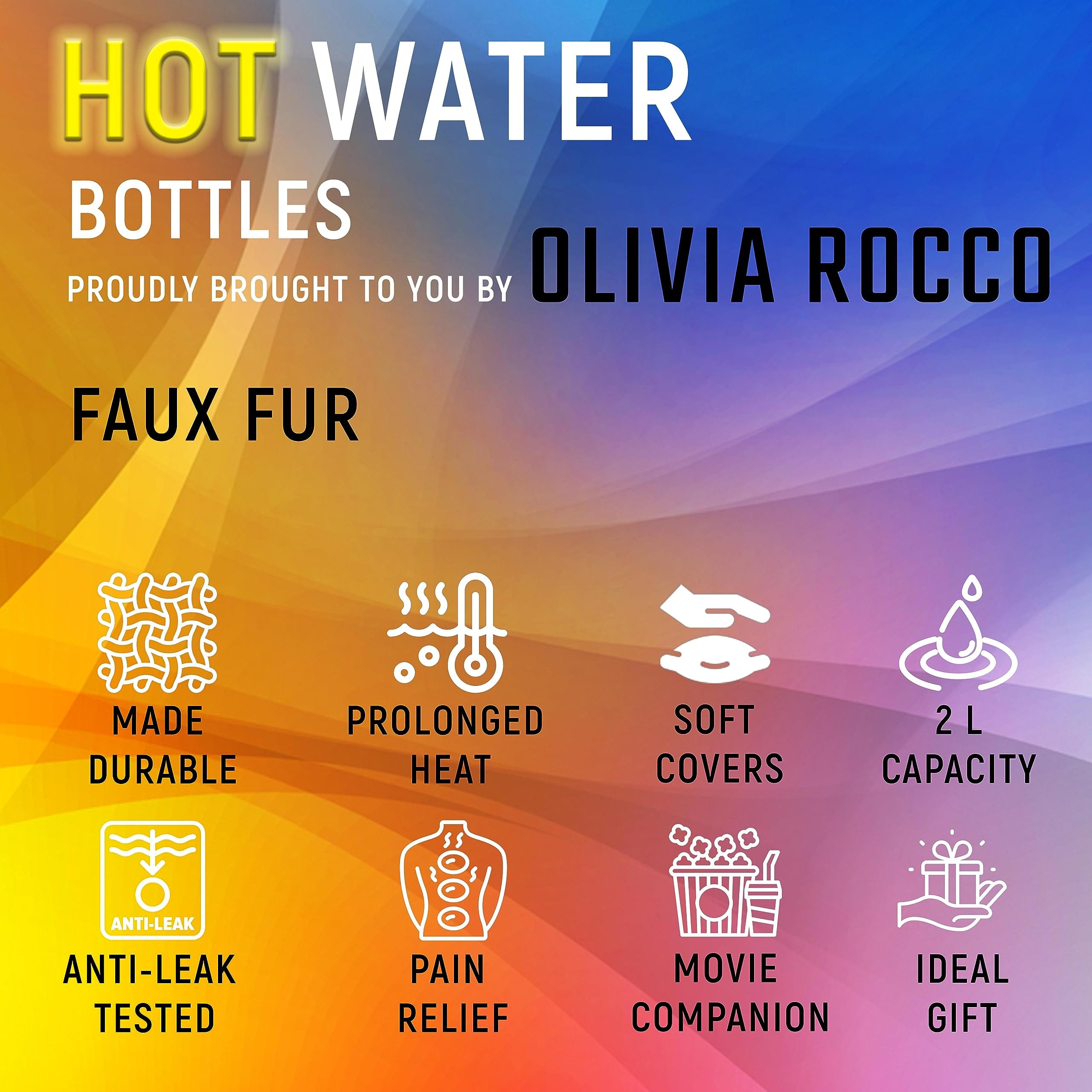 Faux Fur Super Soft Covered 2 Litre Luxury Hot Water Bottle for Thermotherapy Durable Natural Rubber UK Safe Tested for Winter Warmth Ideal Gift for Adults Kids by OLIVIA ROCCO