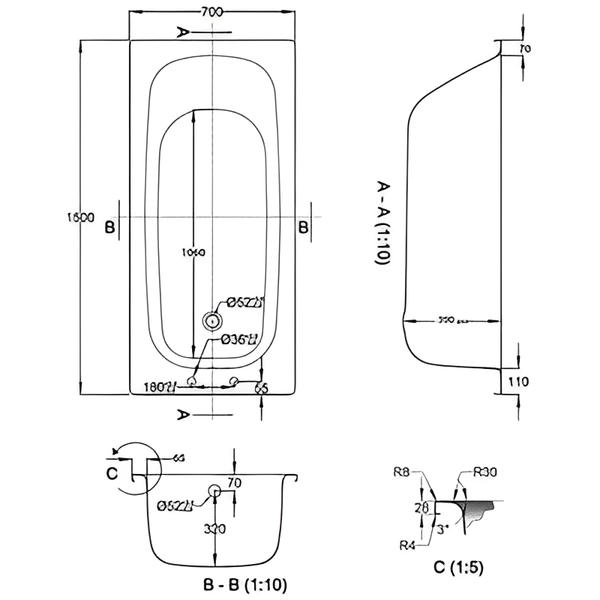 Steel Single Ended Gripped Antislip Straight Bath - All Sizes