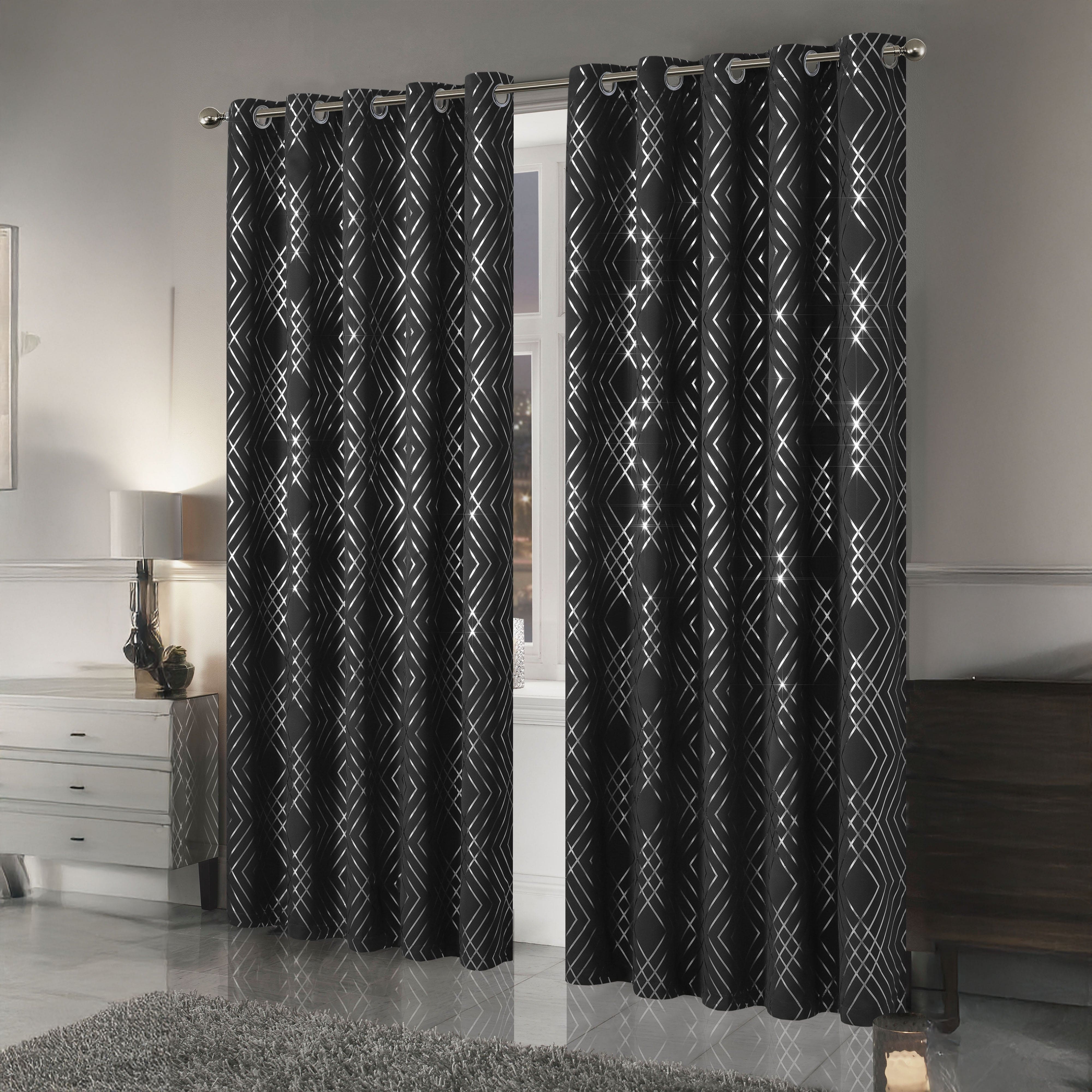 Geometric Black Sparkle Blackout Curtains Soft Thermal Insulated Eyelet Ring Top Living Room & Bedroom Drapes by OLIVIA ROCCO