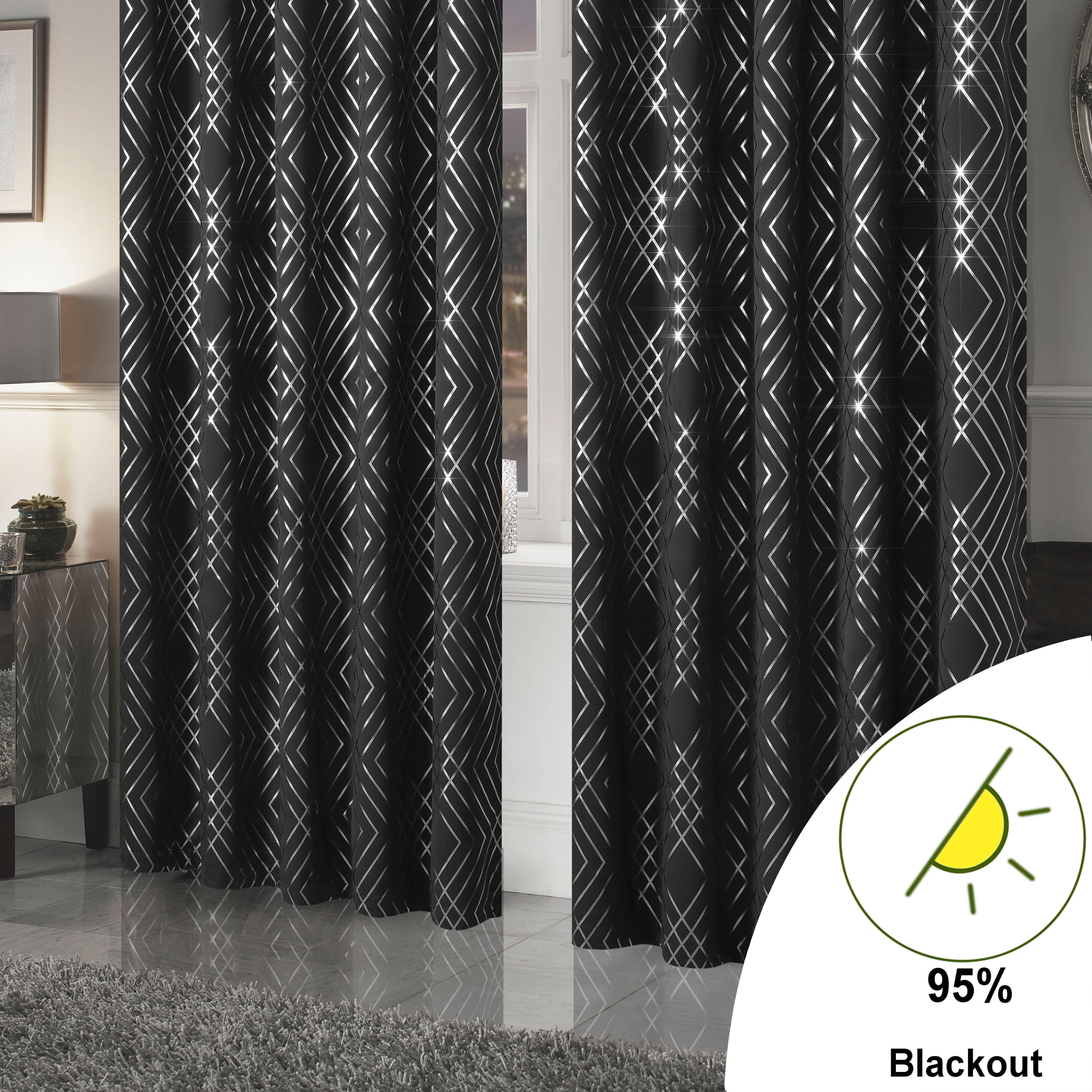 Geometric Black Sparkle Blackout Curtains Soft Thermal Insulated Eyelet Ring Top Living Room & Bedroom Drapes by OLIVIA ROCCO