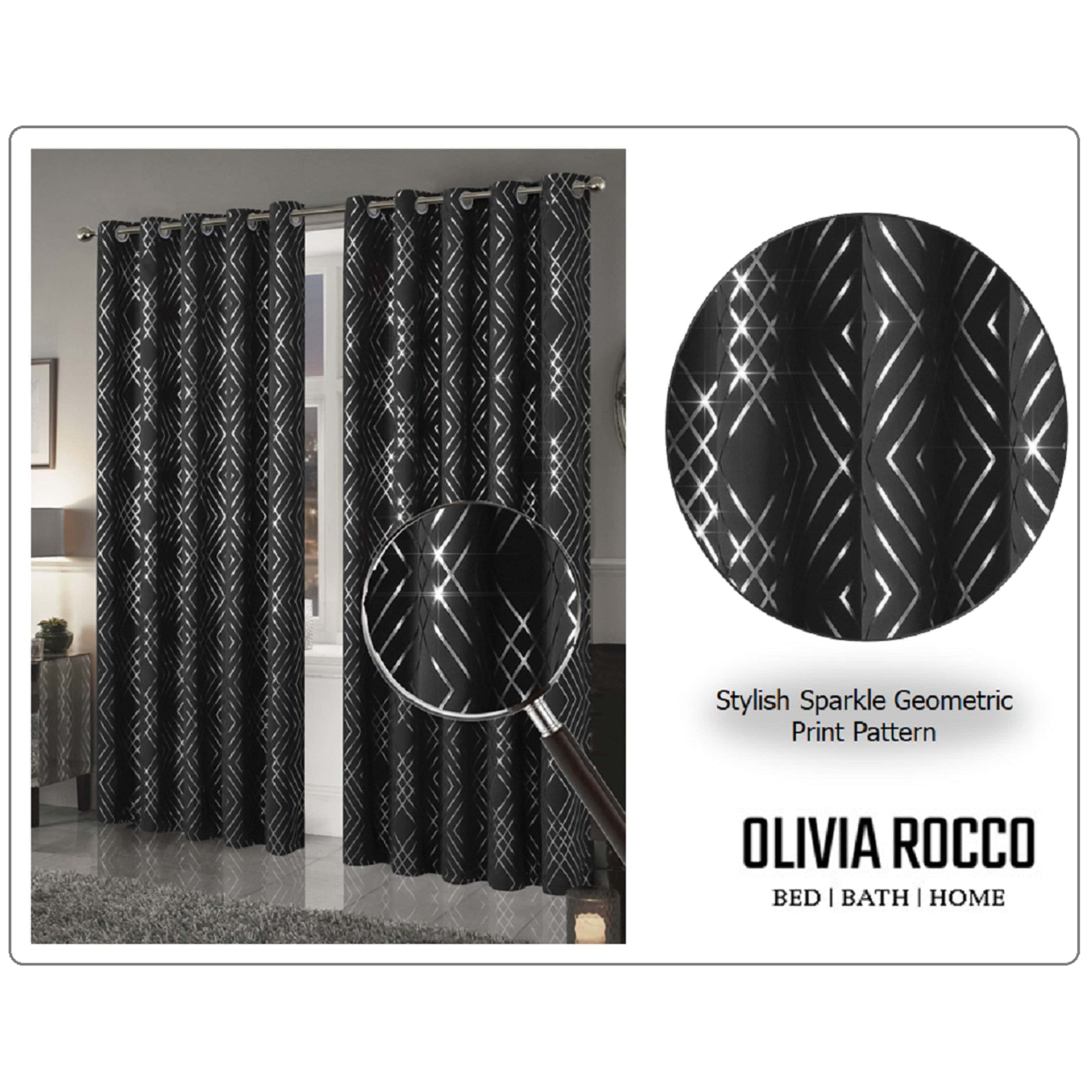 Geometric Black Sparkle Blackout Curtains Soft Thermal Insulated Eyelet Ring Top Living Room & Bedroom Drapes by OLIVIA ROCCO