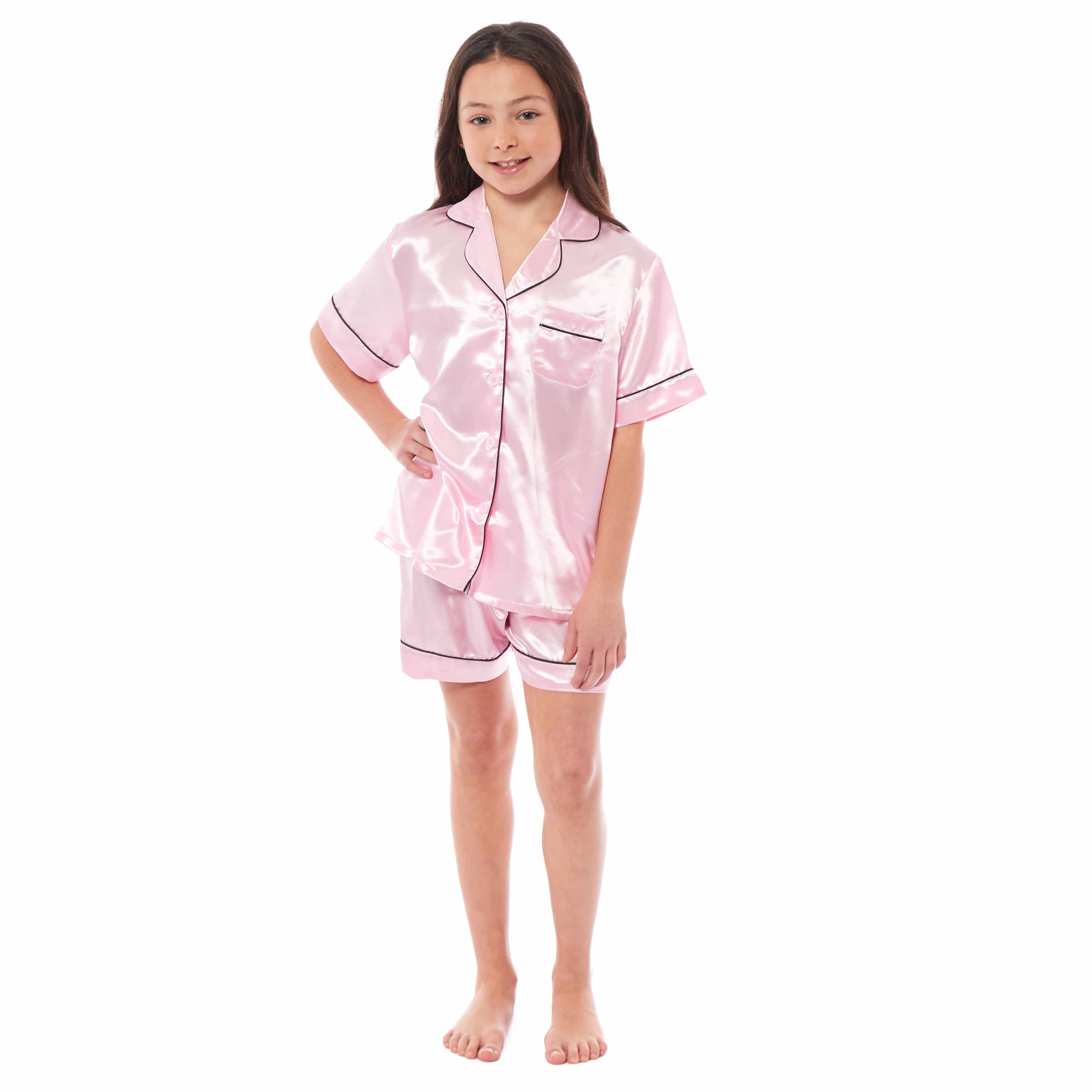 Girls Satin Silk Short Pyjama Set Button-Down Shirt and Loose-Fitting Pants Loungewear Nightwear for Ages 5-14 Black Pink Grey by Daisy Dreamer