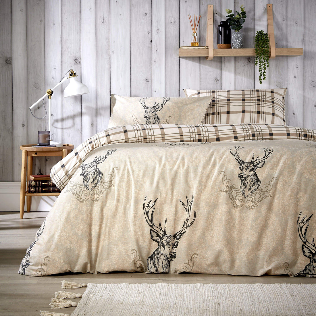 Highland Stag Reversible Tartan Check Super Soft Cotton Duvet Set Luxury Bedding for Cosy Home Décor in Single Double King Sizes by OLIVIA ROCCO