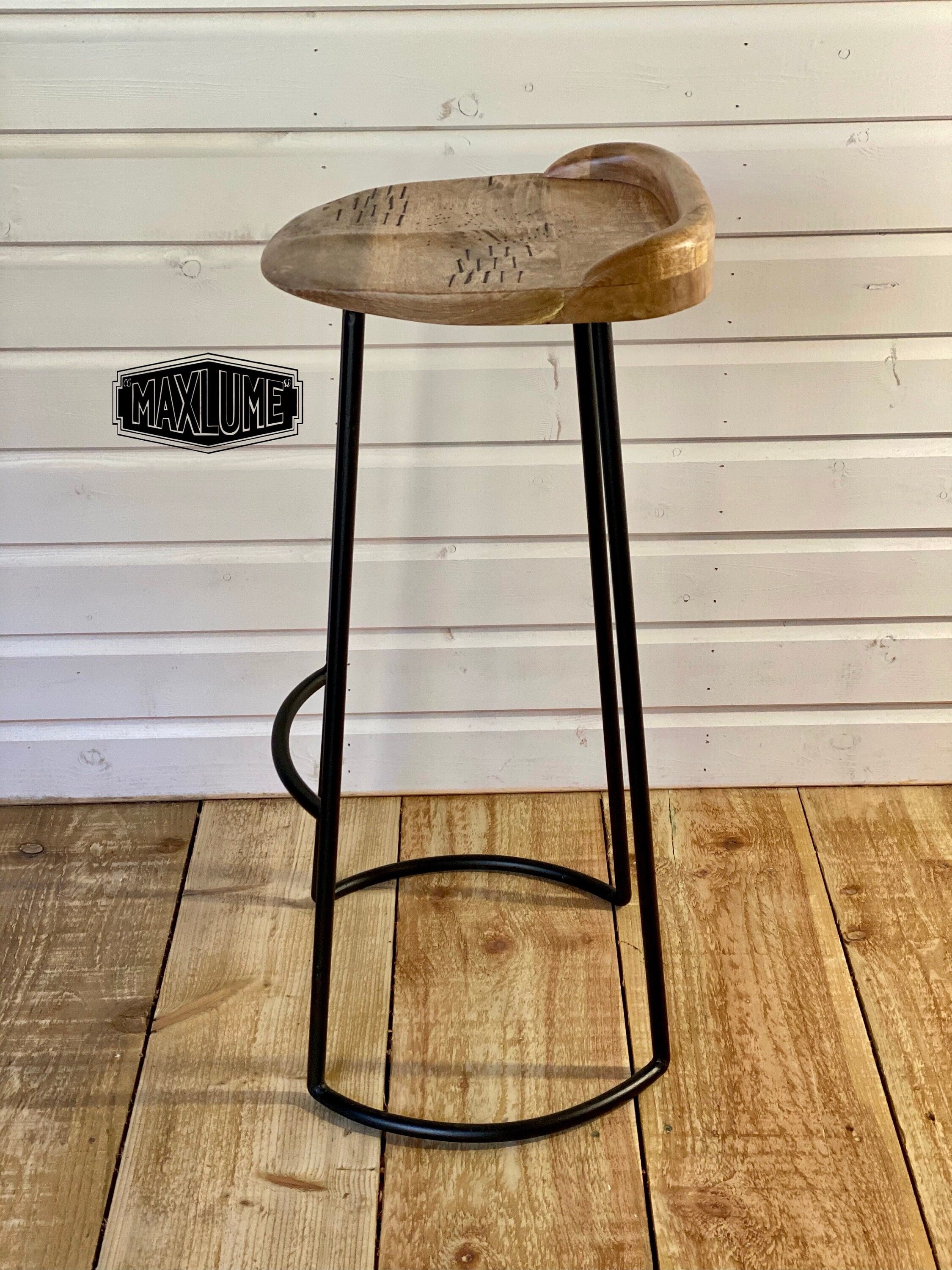 Solid Mango Wooden Top Bar Stool Hand Crafted | Solid Cast Metal | Floor Standing | Kitchen Black Iron | Industrial Tractor Seat