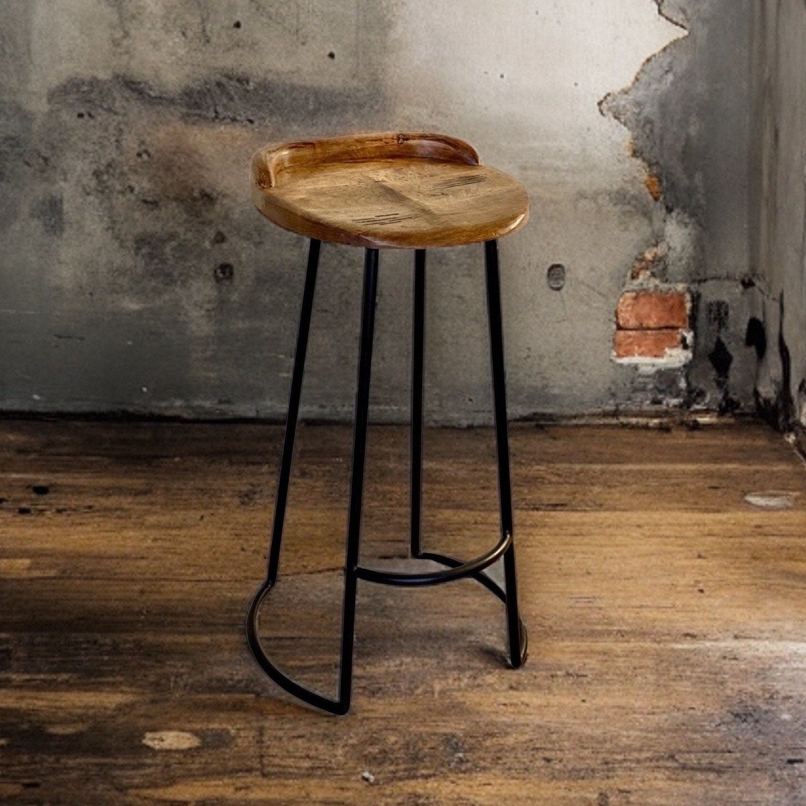 Solid Mango Wooden Top Bar Stool Hand Crafted | Solid Cast Metal | Floor Standing | Kitchen Black Iron | Industrial Tractor Seat