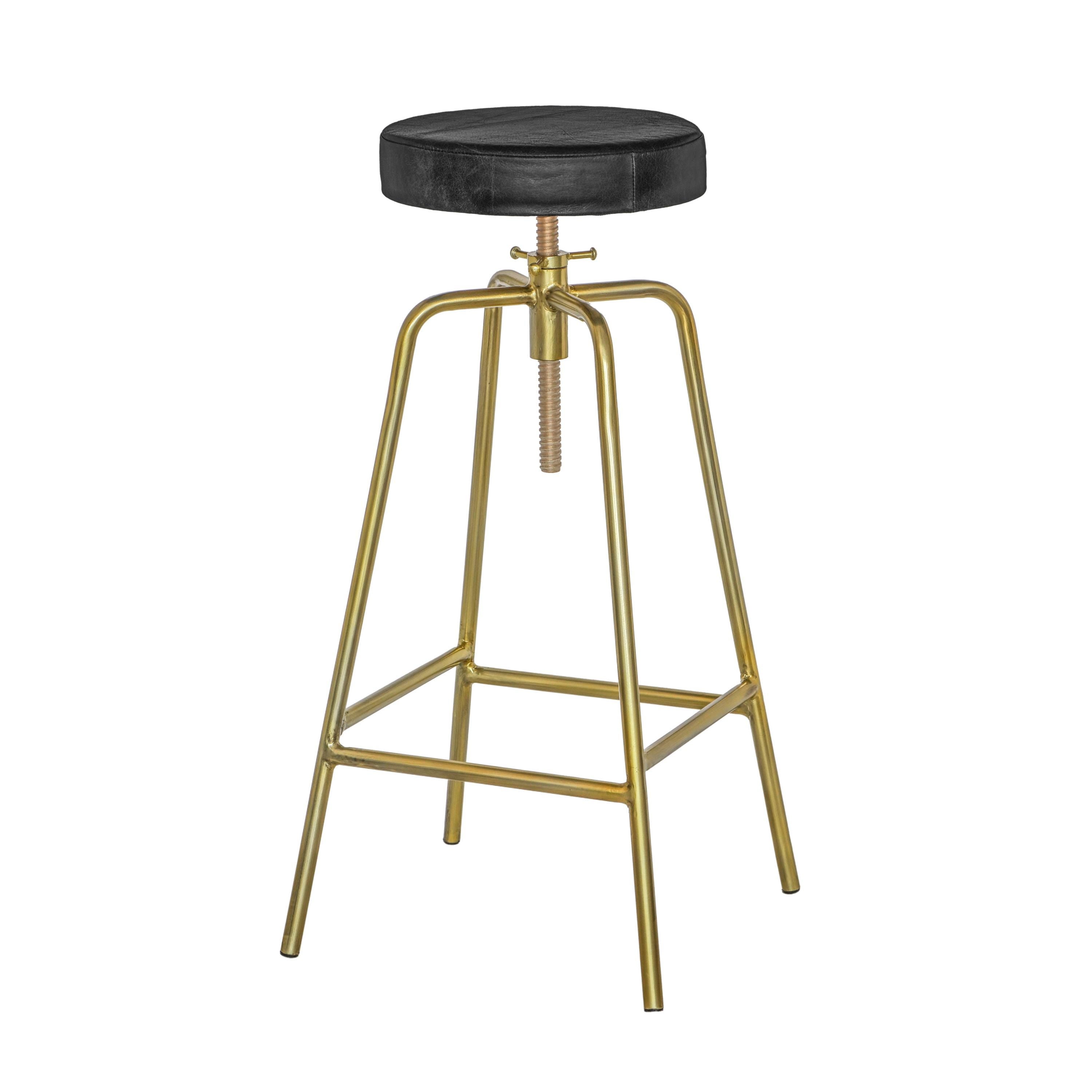 Patinated Brass Industrial Leather Bar Stool | Vintage Style | Solid Cast Metal | Floor Standing