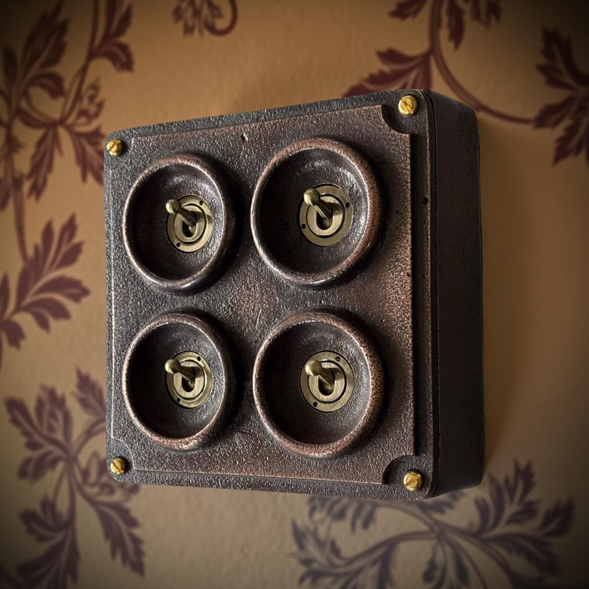 4 Gang 2 Way Solid Antique Copper Metal Surface Mounting Conduit Light Switch Crabtree Industrial - BS EN Approved