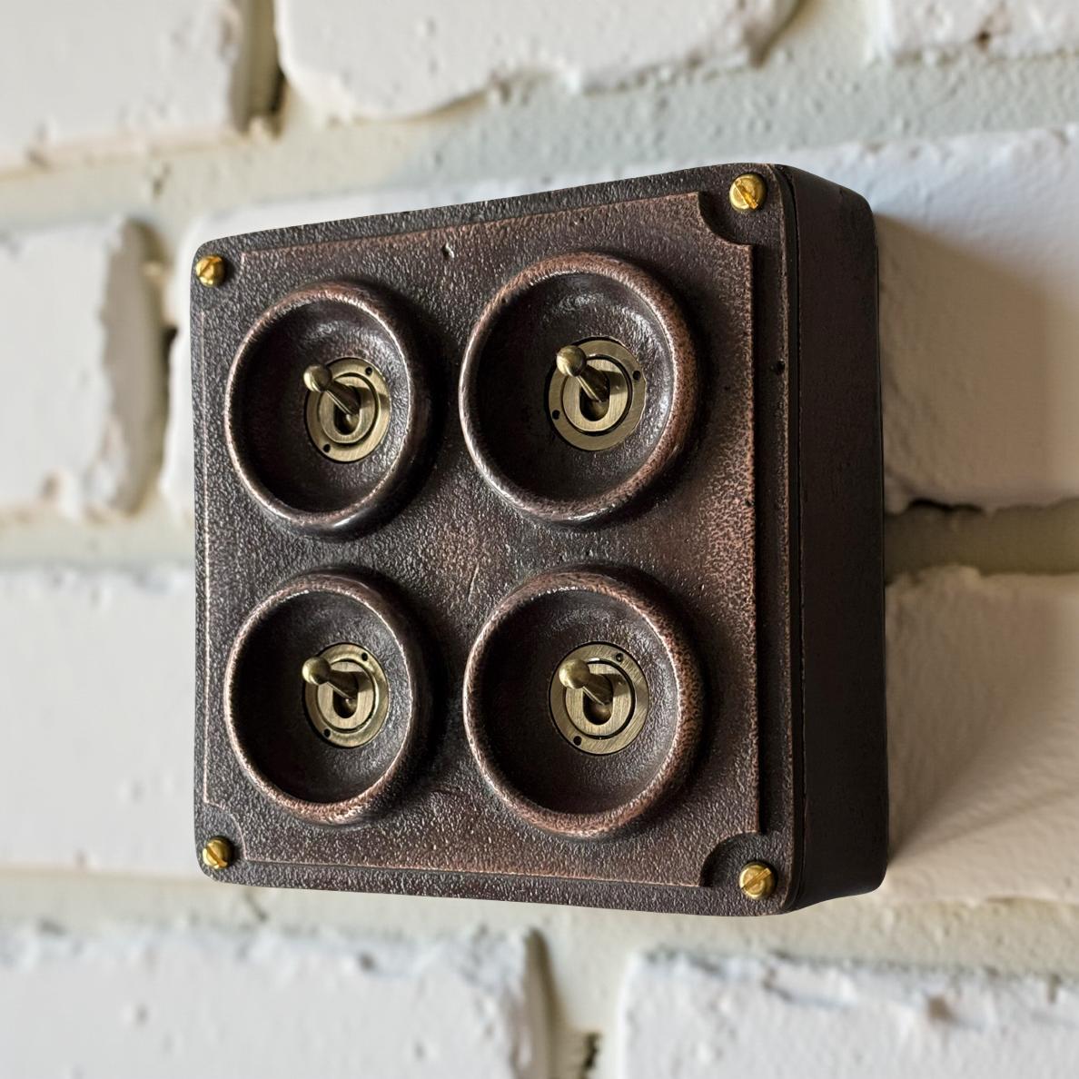 4 Gang 2 Way Solid Antique Copper Metal Surface Mounting Conduit Light Switch Crabtree Industrial - BS EN Approved