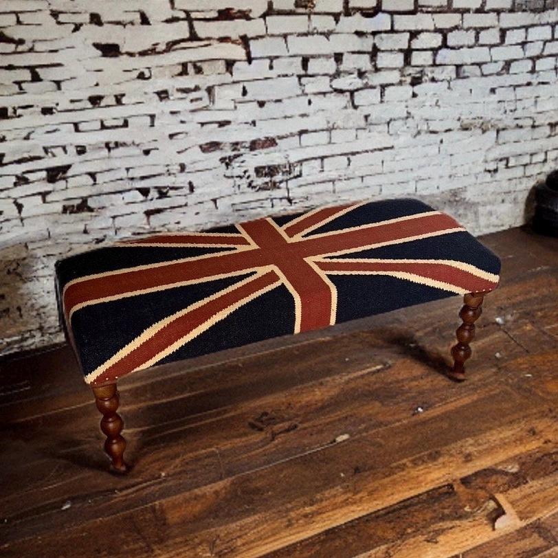 Union Jack Flag Bench Ottoman | Great Britain | Pouf Solid Base | Vintage Style | Floor Standing | Man Cave Stool