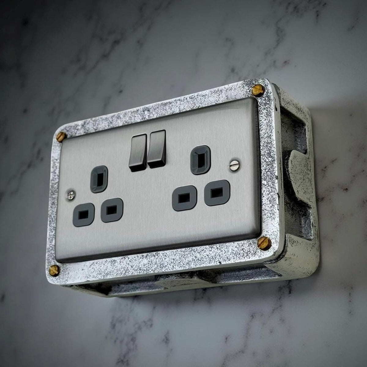 Il Power Socket Brushed Steel Double Switched 13A Power Socket Grey Insert 230V 2 Gang ...