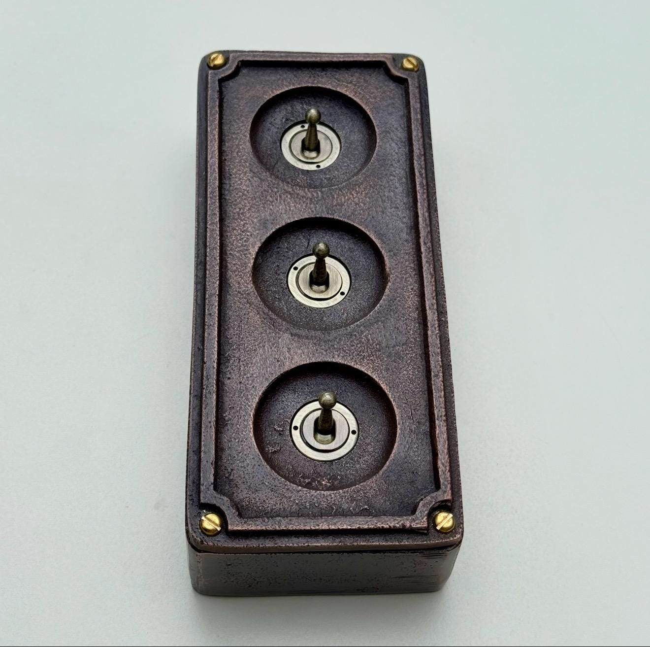 3 Gang Solid Cast Antique Copper Metal Conduit Light Switch Industrial 2 Way - BS EN Approved Vintage Crabtree 1950’s Style