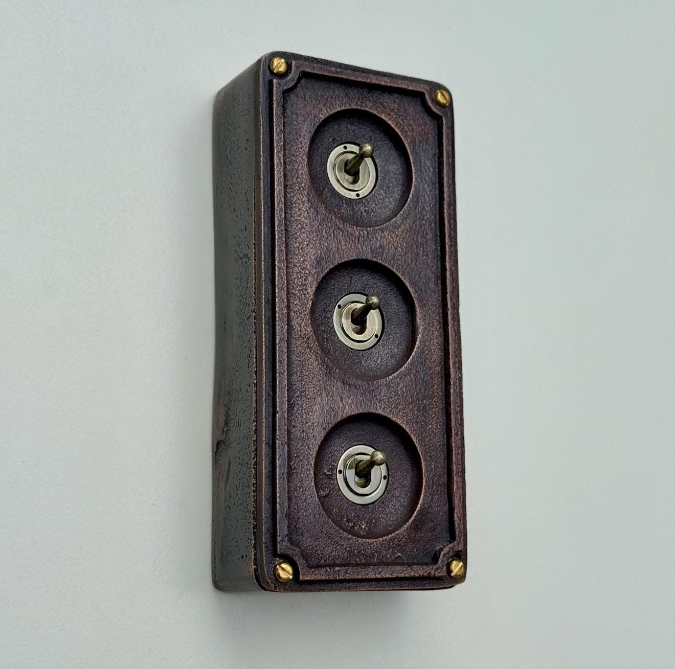 3 Gang Solid Cast Antique Copper Metal Conduit Light Switch Industrial 2 Way - BS EN Approved Vintage Crabtree 1950’s Style