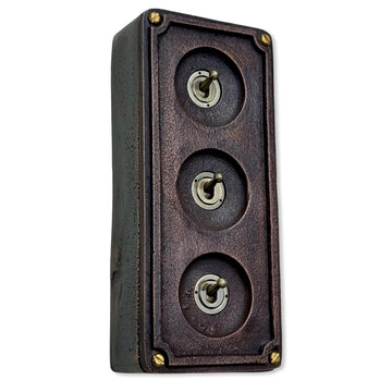 3 Gang Solid Cast Antique Copper Metal Conduit Light Switch Industrial 2 Way - BS EN Approved Vintage Crabtree 1950’s Style