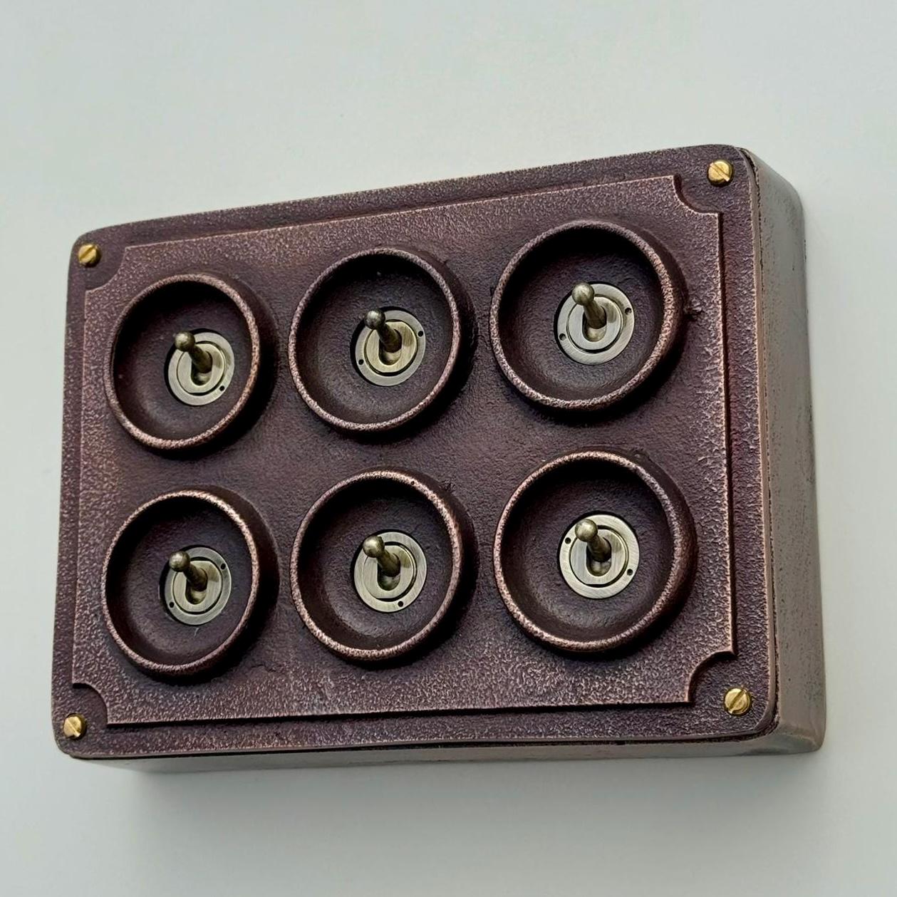 6 Gang 2 Way Antique Copper Solid Cast Metal Conduit Light Switch Industrial - Vintage Crabtree Style