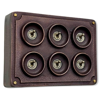 6 Gang 2 Way Antique Copper Solid Cast Metal Conduit Light Switch Industrial - Vintage Crabtree Style