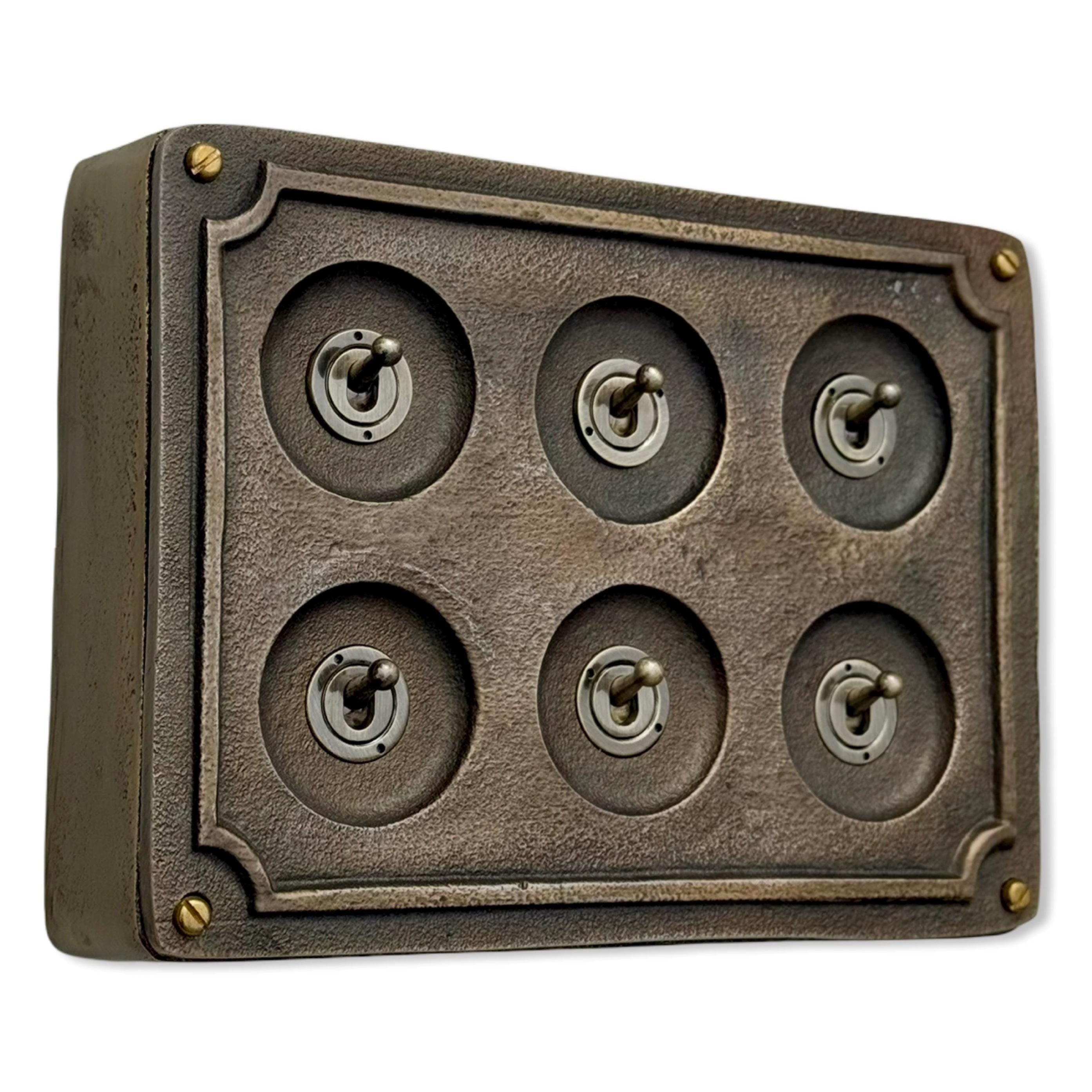 6 Gang 2 Way Bronze Solid Cast Metal Surface Mounting Conduit Light Switch Industrial - Vintage Britmac Style