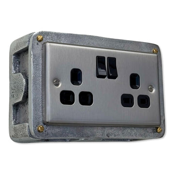 Brushed Steel Double Switched 13A Power Socket 230V 2 Gang 2G Socket Cast Metal Conduit Switch Industrial - BS EN Approved Vintage