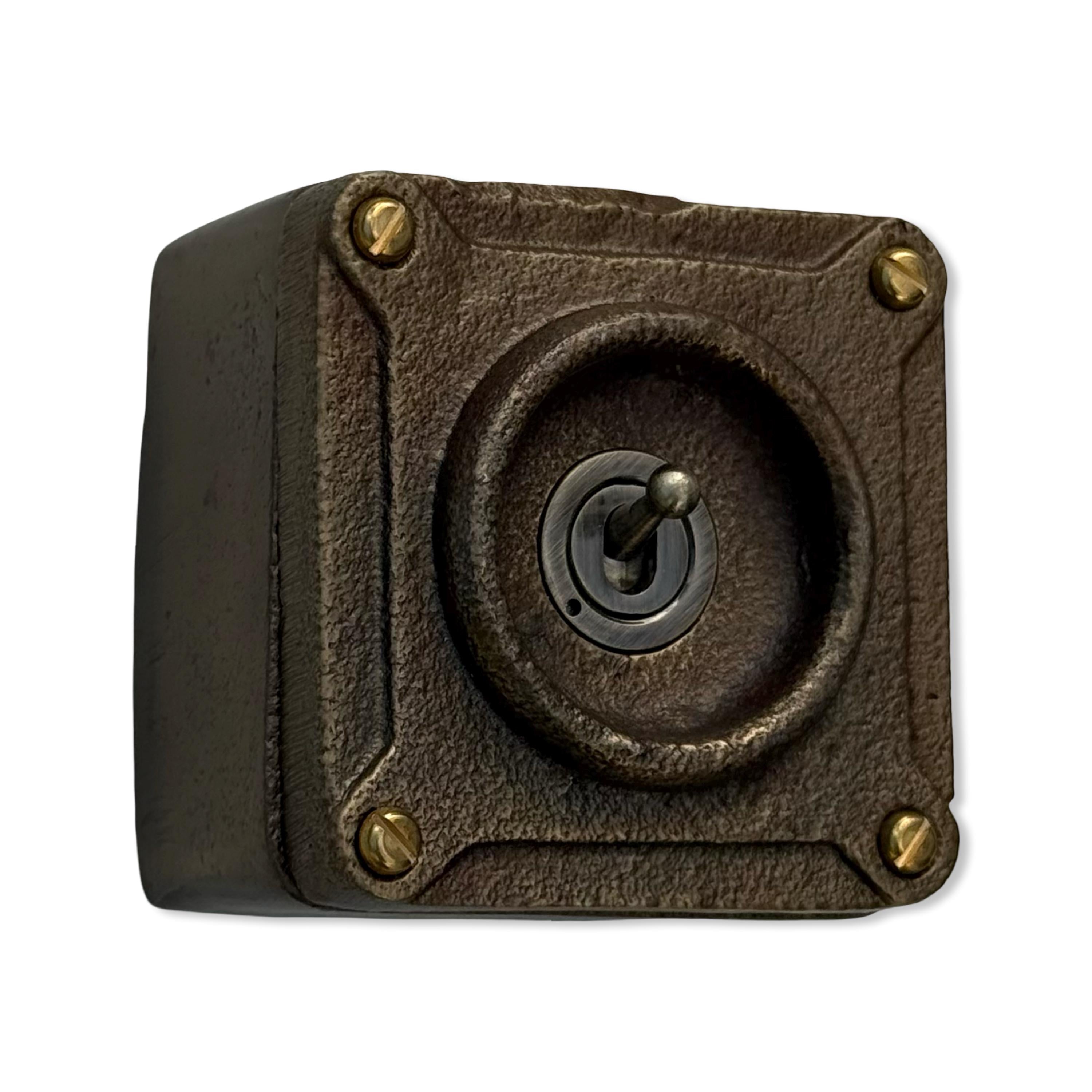 Single Gang Antique Brass Solid Conduit Toggle Light Switch - Industrial Vintage Crabtree