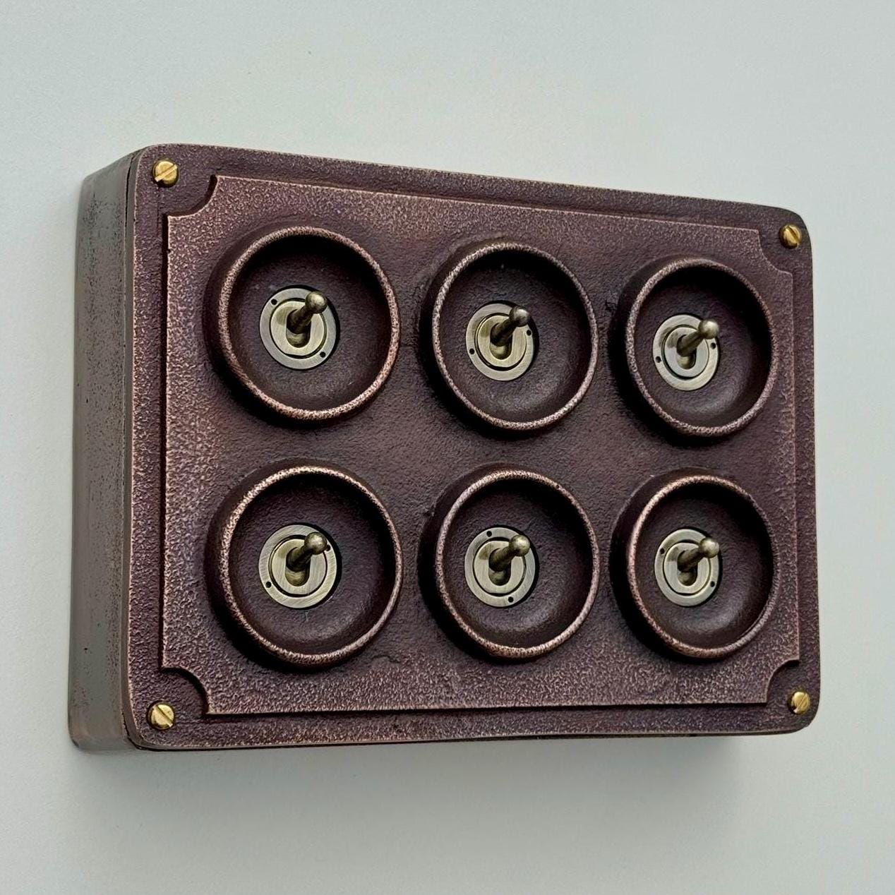 6 Gang 2 Way Antique Copper Solid Cast Metal Conduit Light Switch Industrial - Vintage Crabtree Style