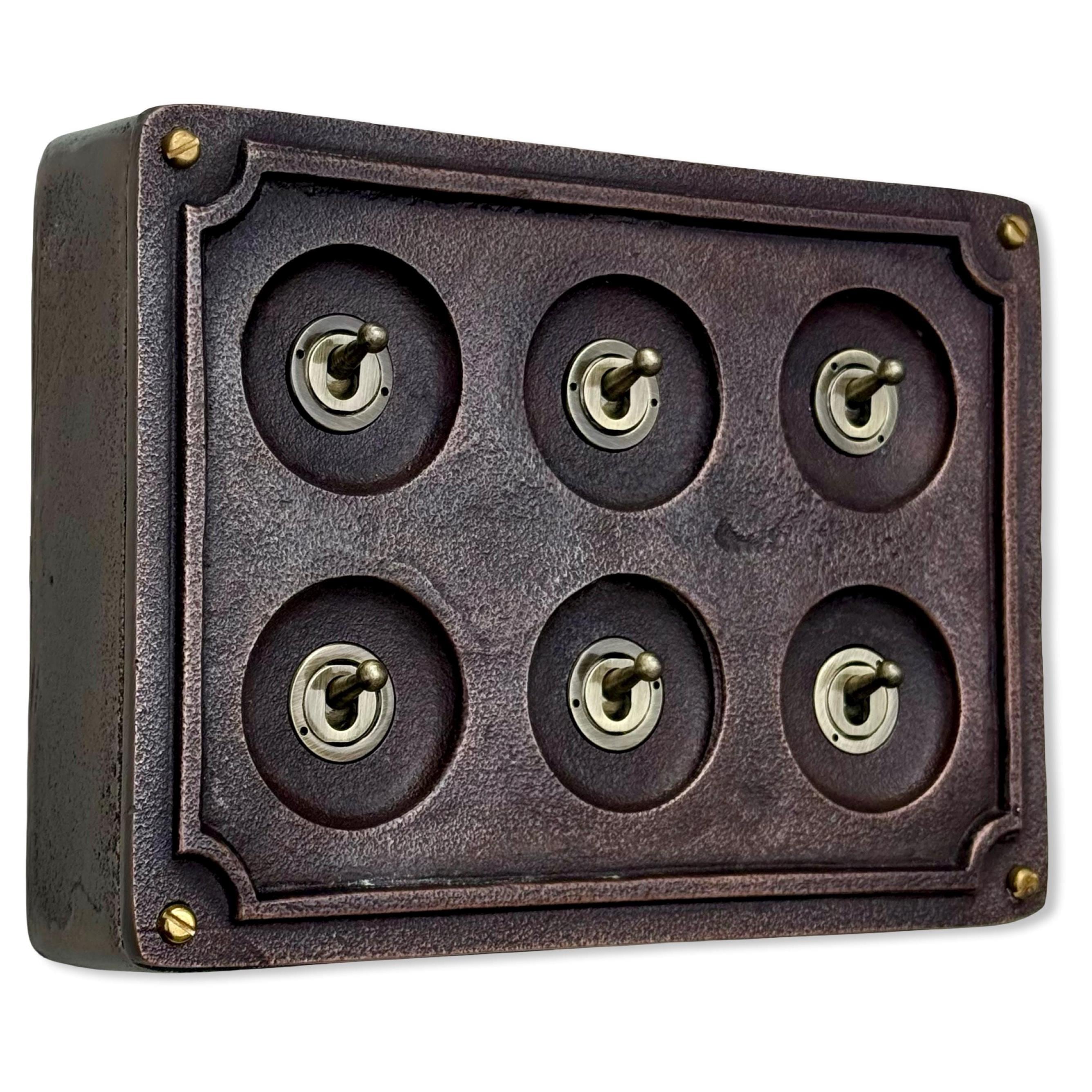 6 Gang 2 Way Antique Copper Solid Cast Metal Conduit Light Switch Industrial - BS EN Vintage Crabtree 1950’s Style