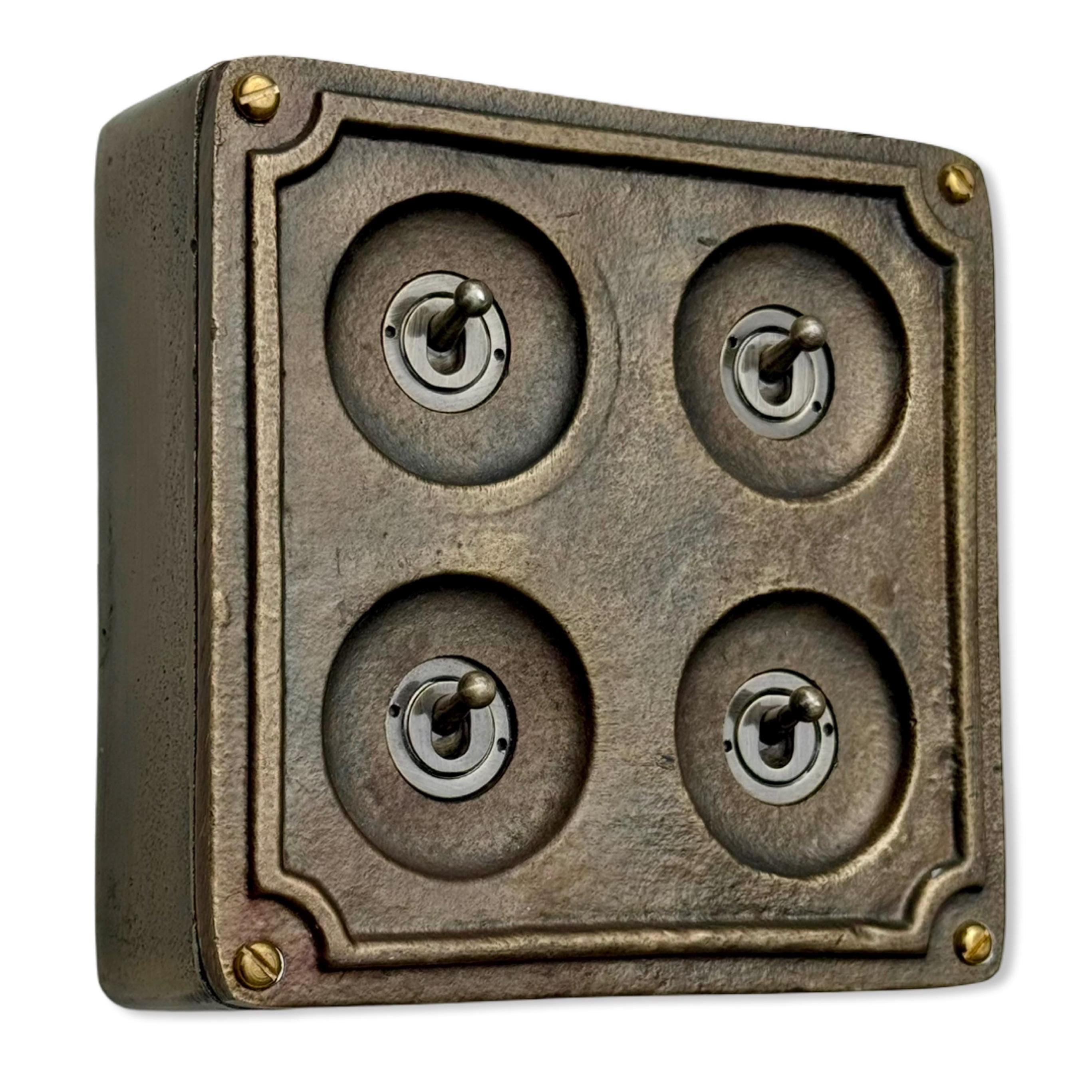 4 Gang 2 Way Solid Antique Brass Bronze Metal Surface Mounting Conduit Light Switch Industrial - Vintage Britmac Style
