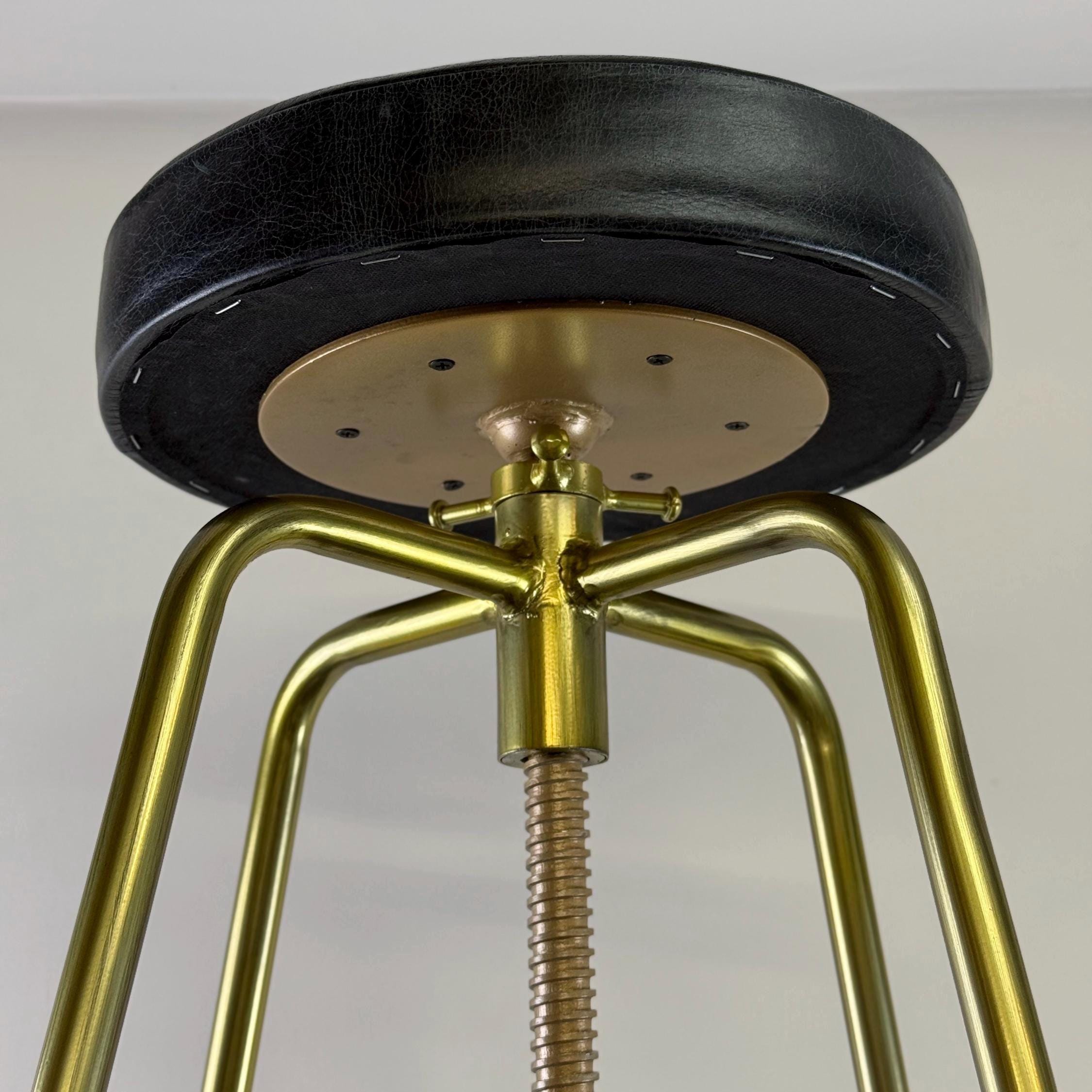Patinated Brass Industrial Leather Bar Stool | Vintage Style | Solid Cast Metal | Floor Standing