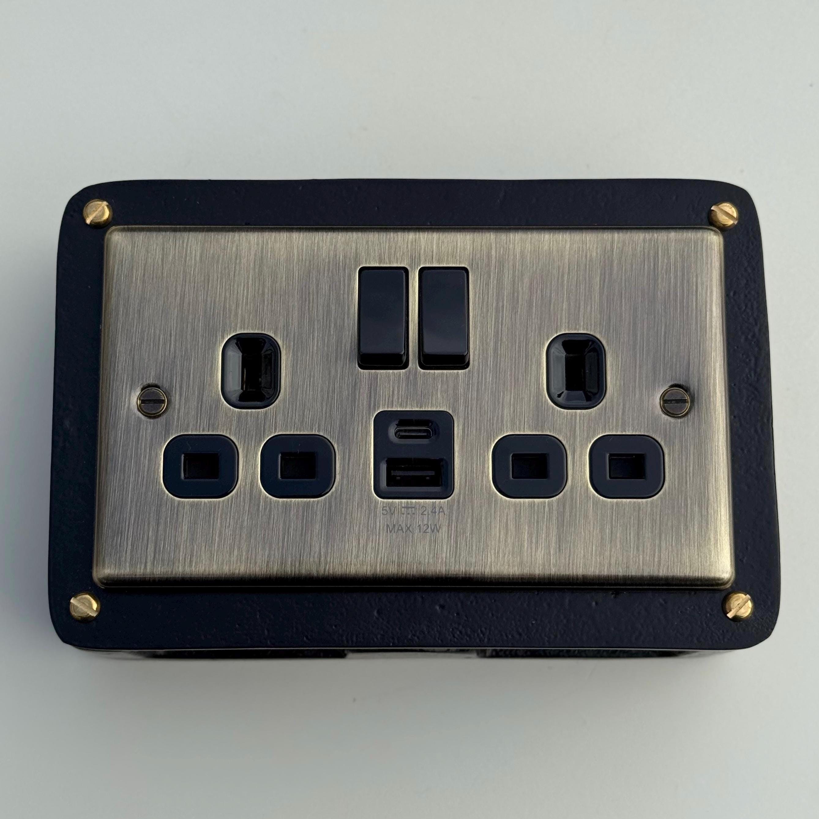 Antique Brass Double Gang Plug Socket with Industrial Black Cast Back Conduit Box