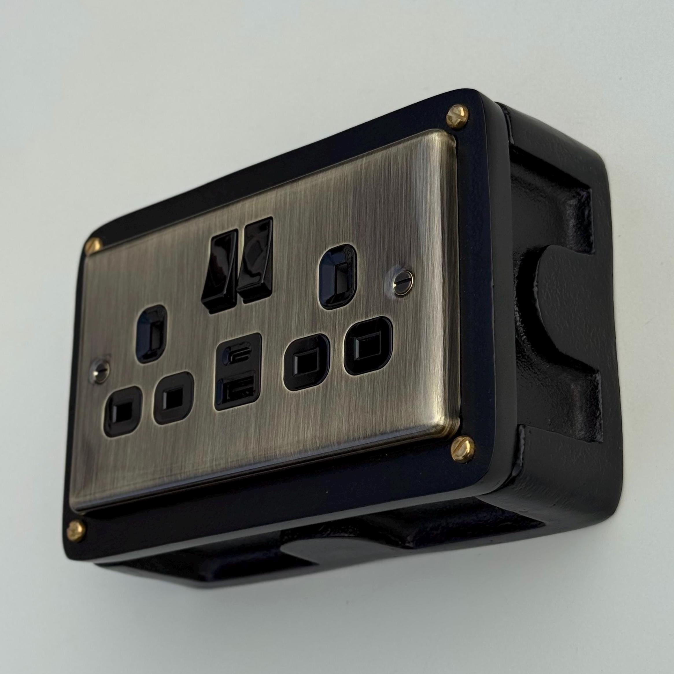 Antique Brass Double Gang Plug Socket with Industrial Black Cast Back Conduit Box