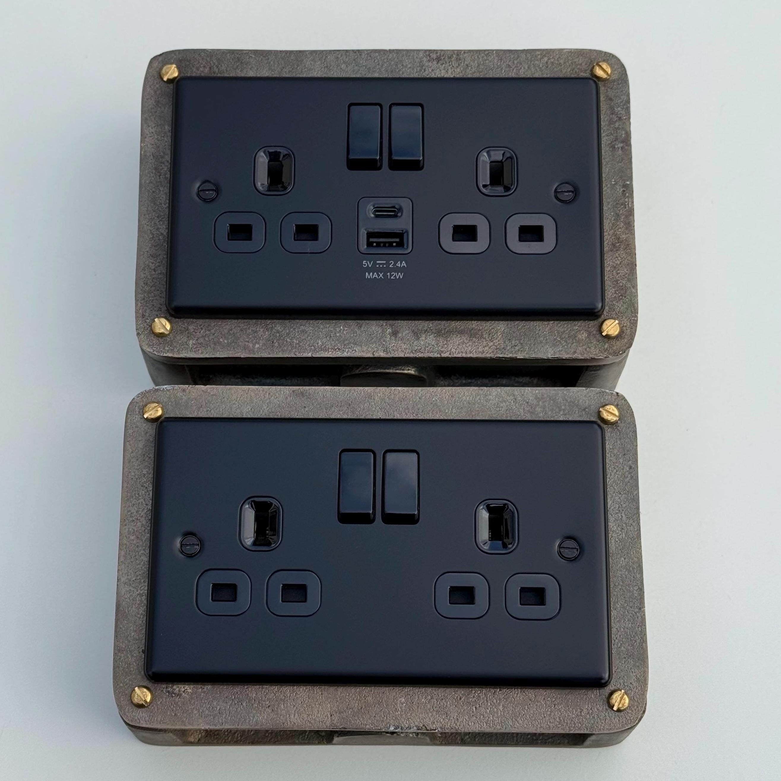 Matt Black Double Gang Plug Socket with Industrial Antique Brass Back Conduit Box