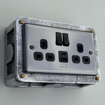 Black Nickel Double Switched 13A Power Socket 230V 13A 2 Gang 2G Solid Cast Metal Conduit Switch Industrial