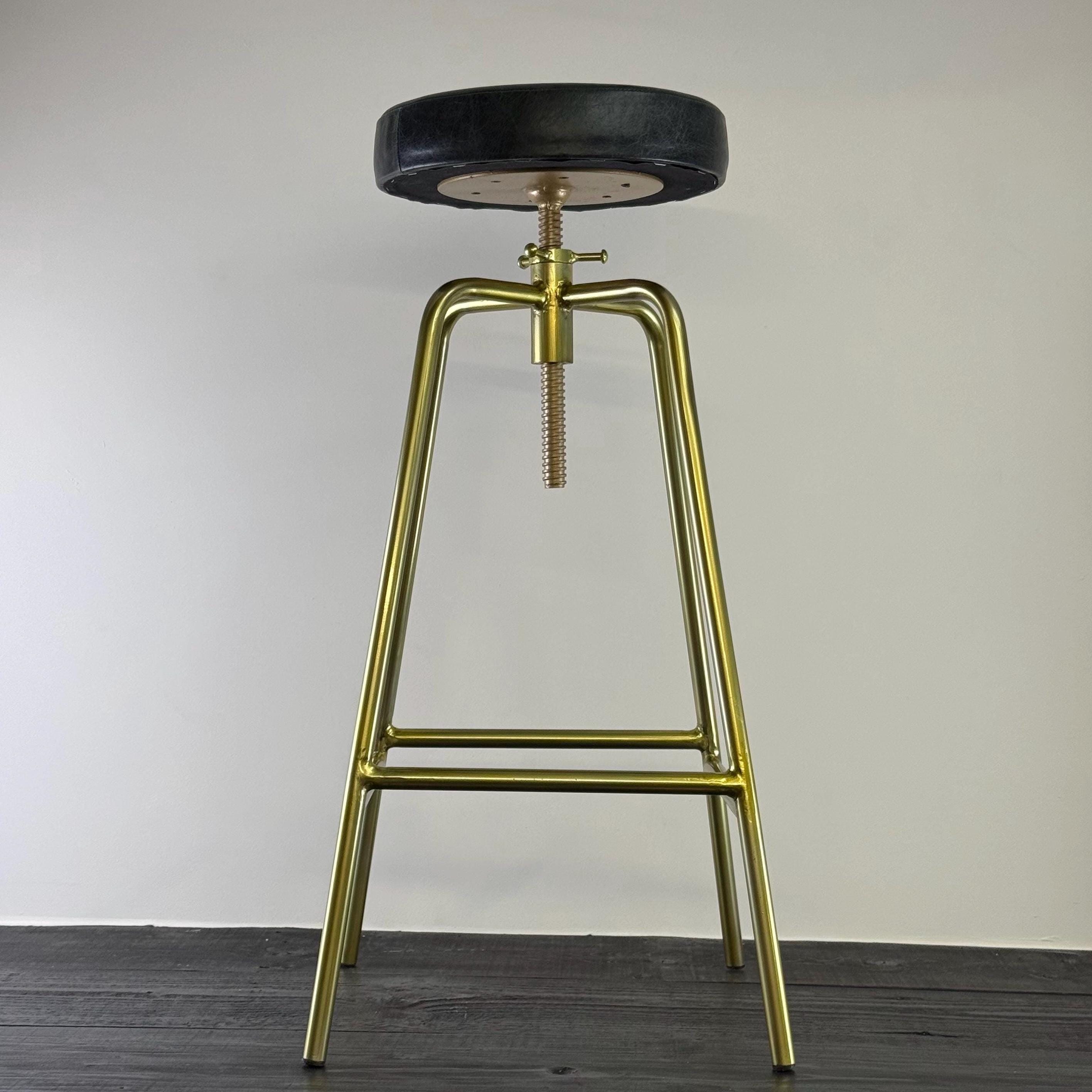 Patinated Brass Industrial Leather Bar Stool | Vintage Style | Solid Cast Metal | Floor Standing