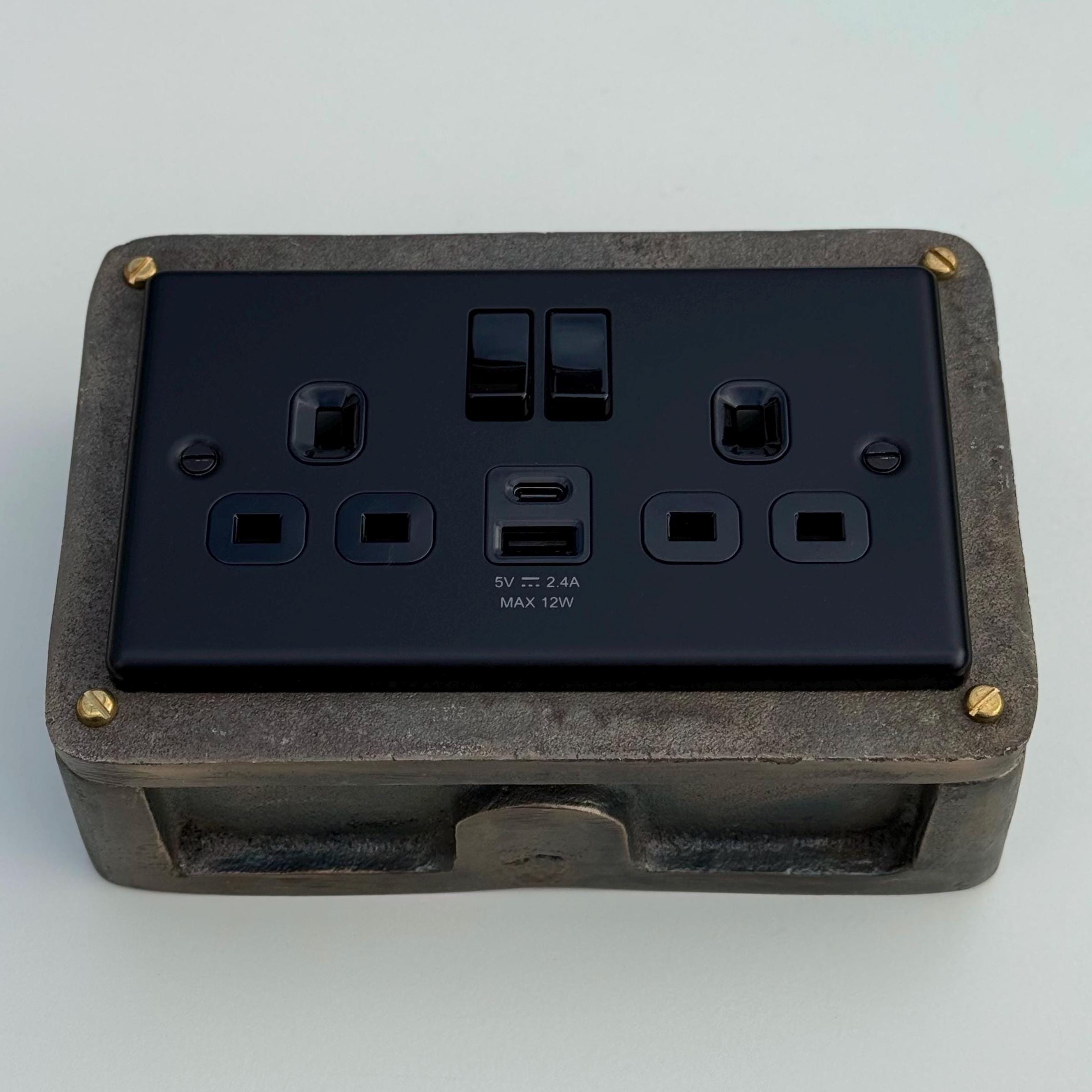 Matt Black Double Gang Plug Socket with Industrial Antique Brass Back Conduit Box