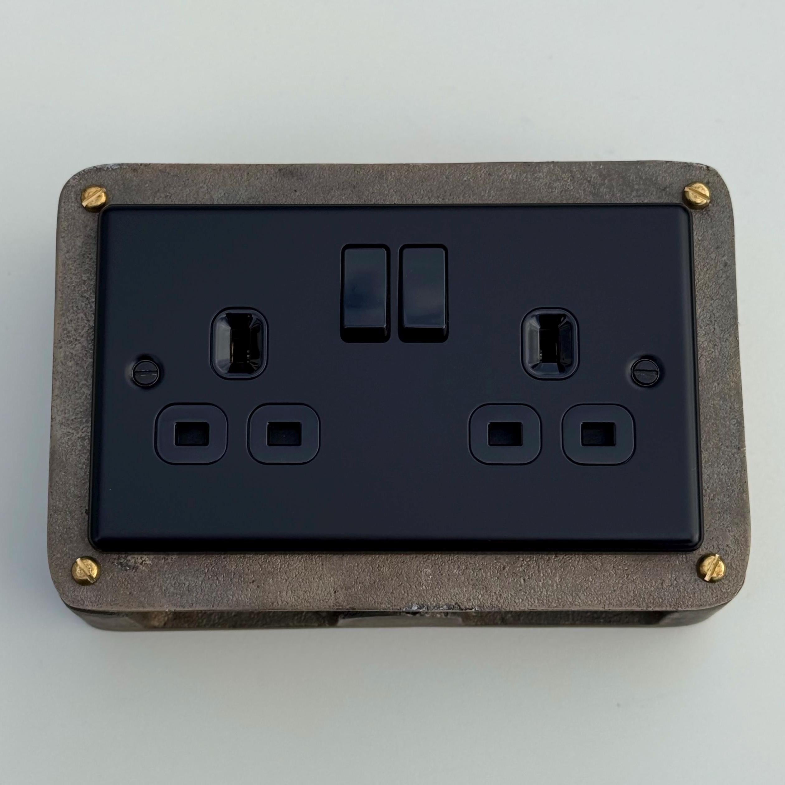 Matt Black Double Gang Plug Socket with Industrial Antique Brass Back Conduit Box