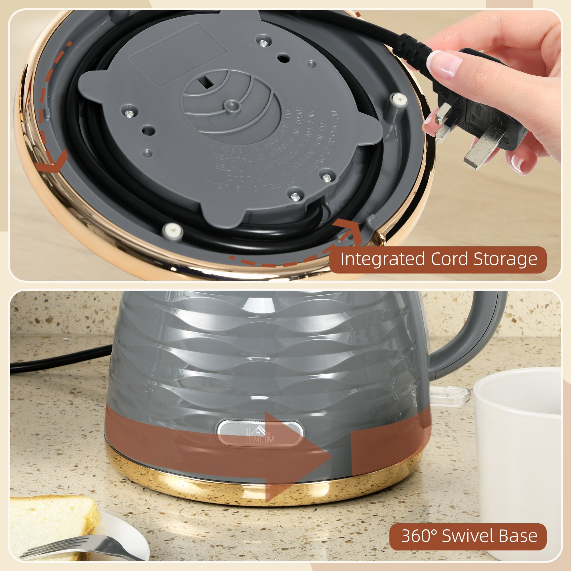 HOMCOM Electric Kettle, Fast Boil, 1.7L, 3kW, Swivel
