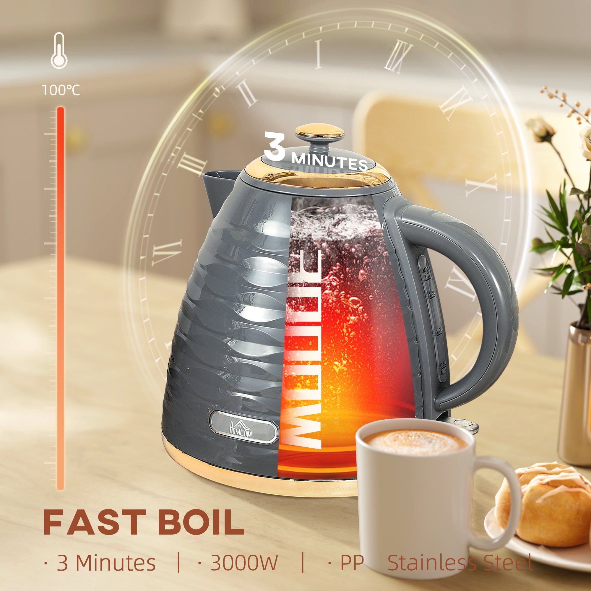 HOMCOM Electric Kettle, Fast Boil, 1.7L, 3kW, Swivel