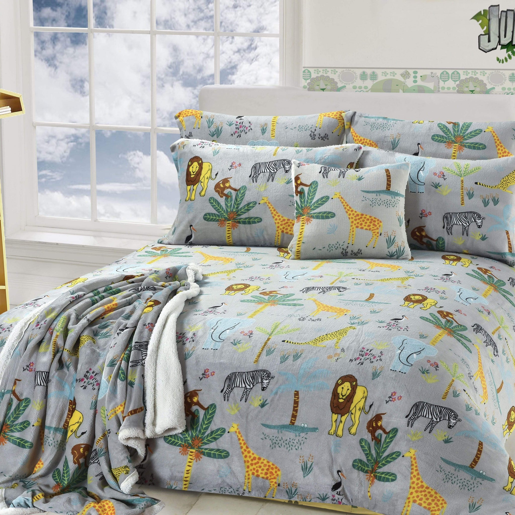 Jungle Safari Animal Kingdom Children's Teddy Fleece Bedding Set Lions Elephants Giraffes Zebras Matching Throw and Cushion Available by OLIVIA ROCCO