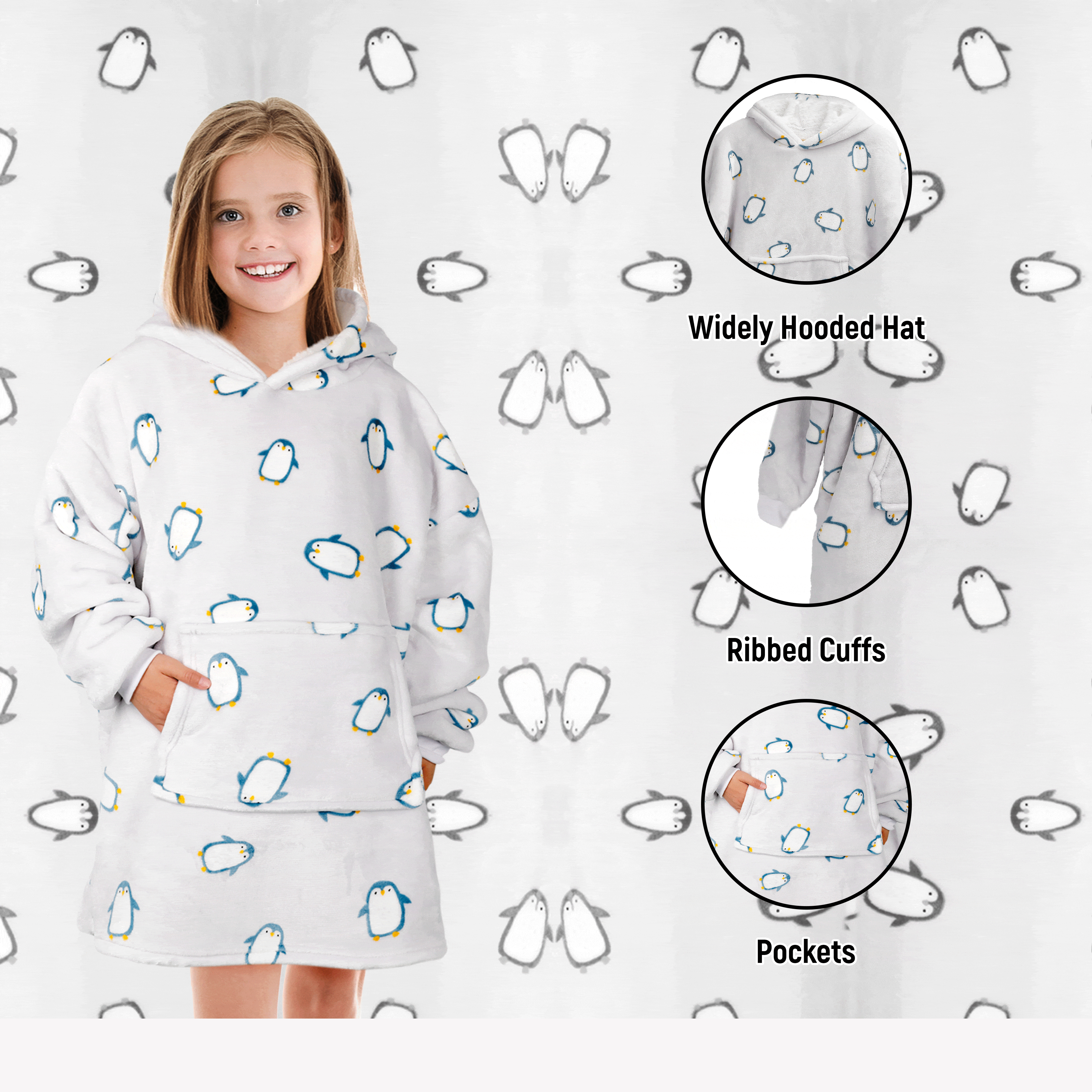 Kids Oversized Hooded Penguin Blanket Hoodie Ultra Soft Sherpa Flannel for Ages 8-15 Warm and Cozy by Daisy Dreamer