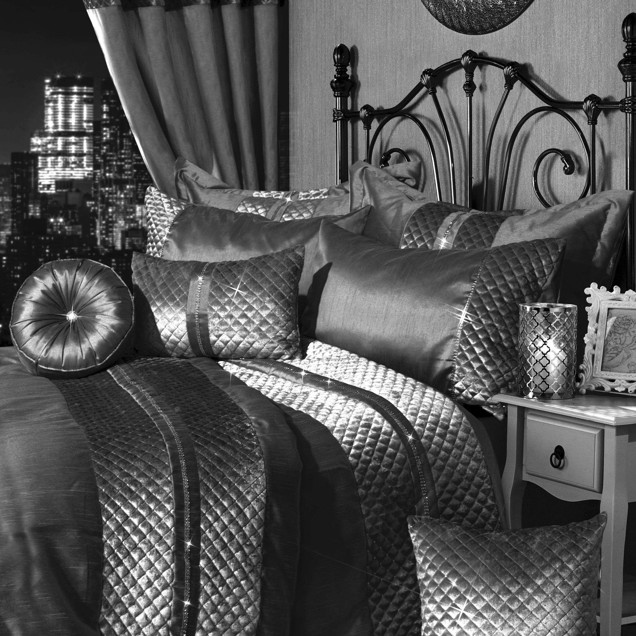 Kylie Duvet Set Luxurious Charcoal Gold Velvet Bedding with Quilted Trim & Diamante Detailing in Various Sizes by OLIVIA ROCCO