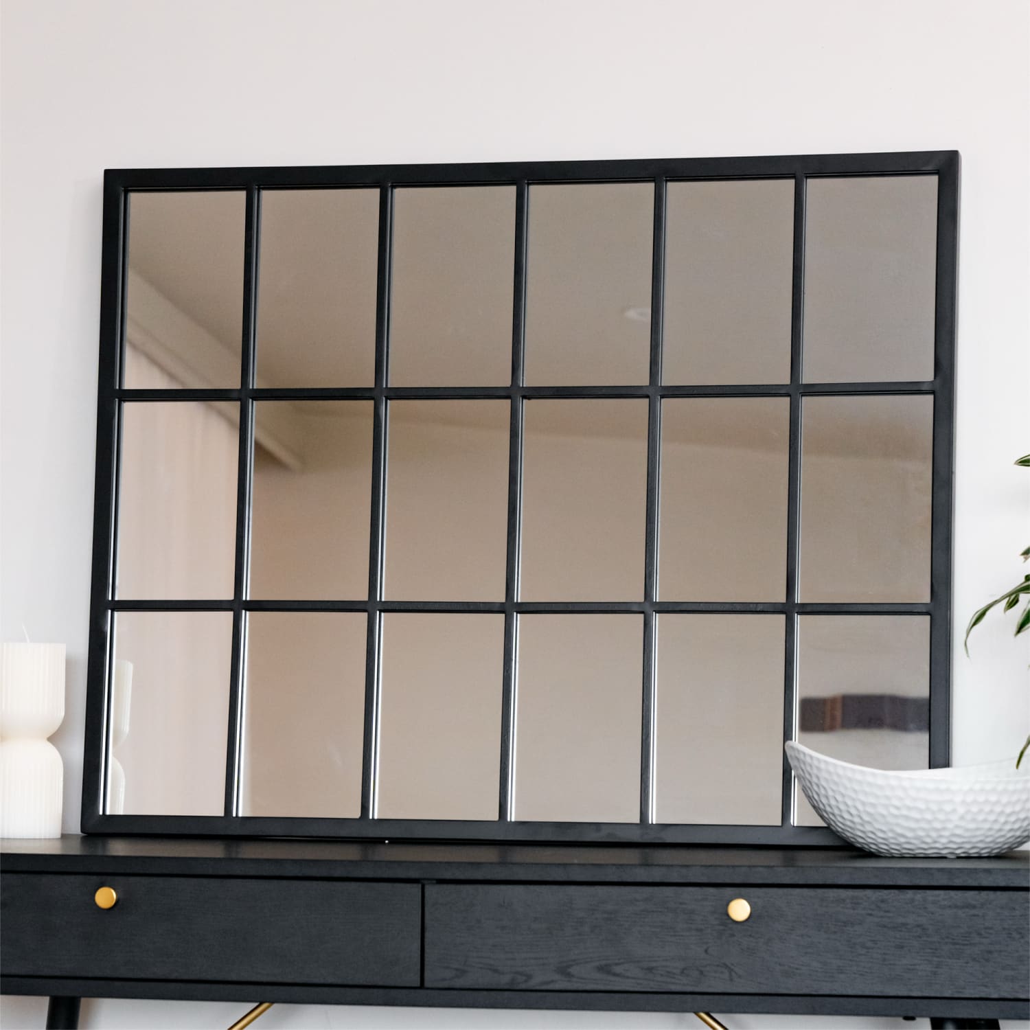 Kyō - Black Metal Rectangle Lattice Window Mirror - 90cm x 70cm