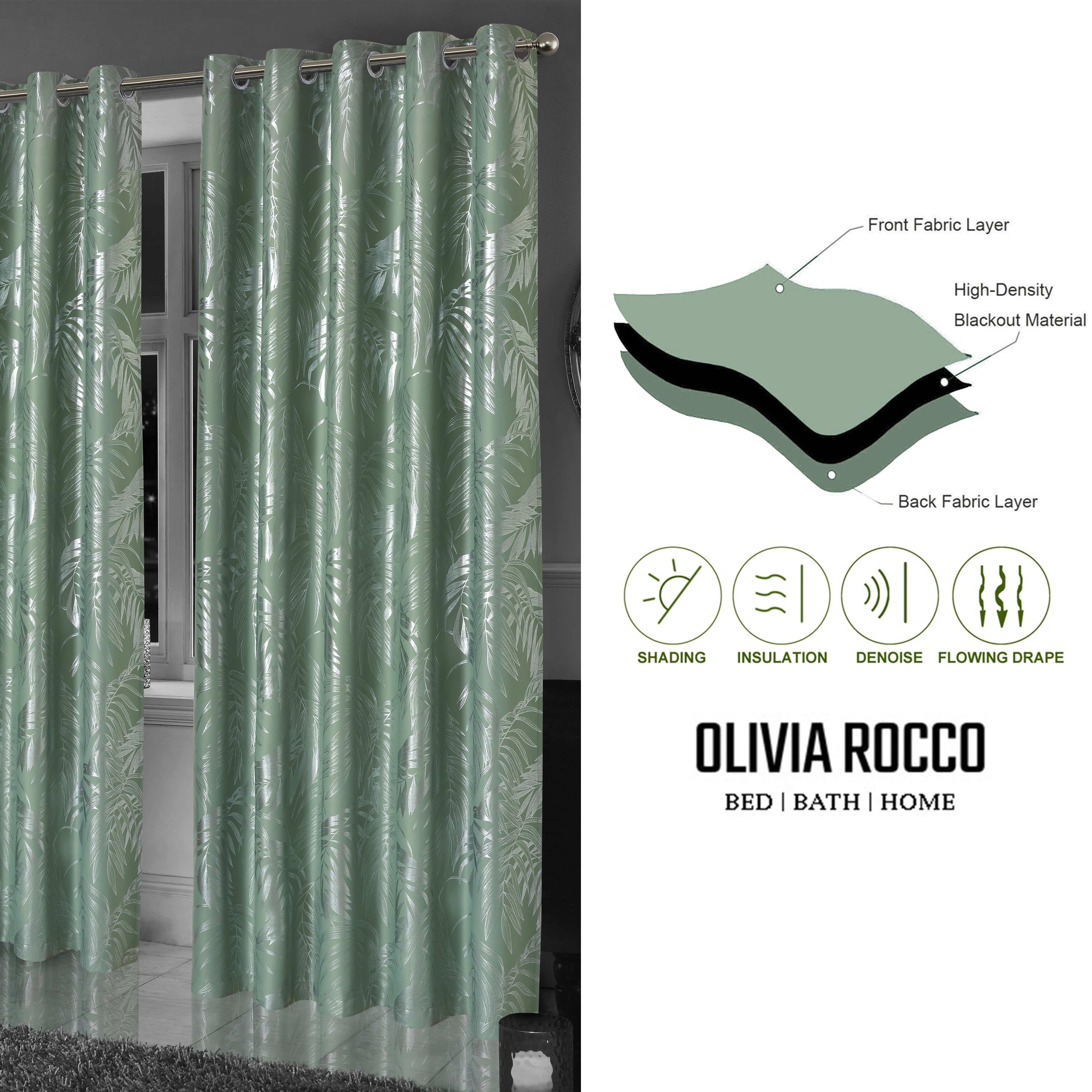 Leaf Sage Green Sparkle Blackout Curtains Super Soft Thermal Insulated Eyelet Drapes for Living Room & Bedroom 2 Panels by OLIVIA ROCCO