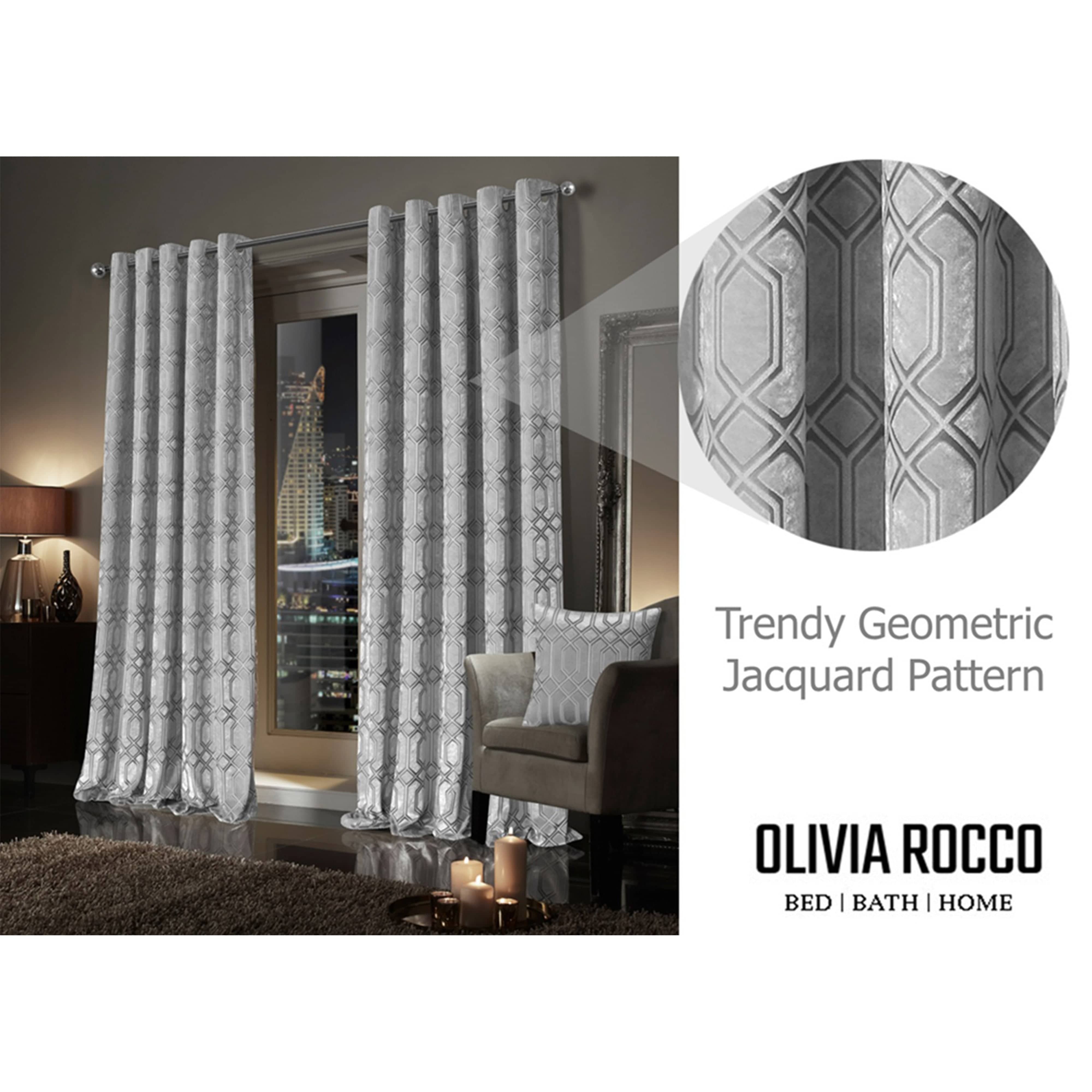 Luxe Geo Velvet Eyelet Curtains Grey Thermal Insulated Soundproof Light Blocking Drapes for Bedroom & Lounge by OLIVIA ROCCO